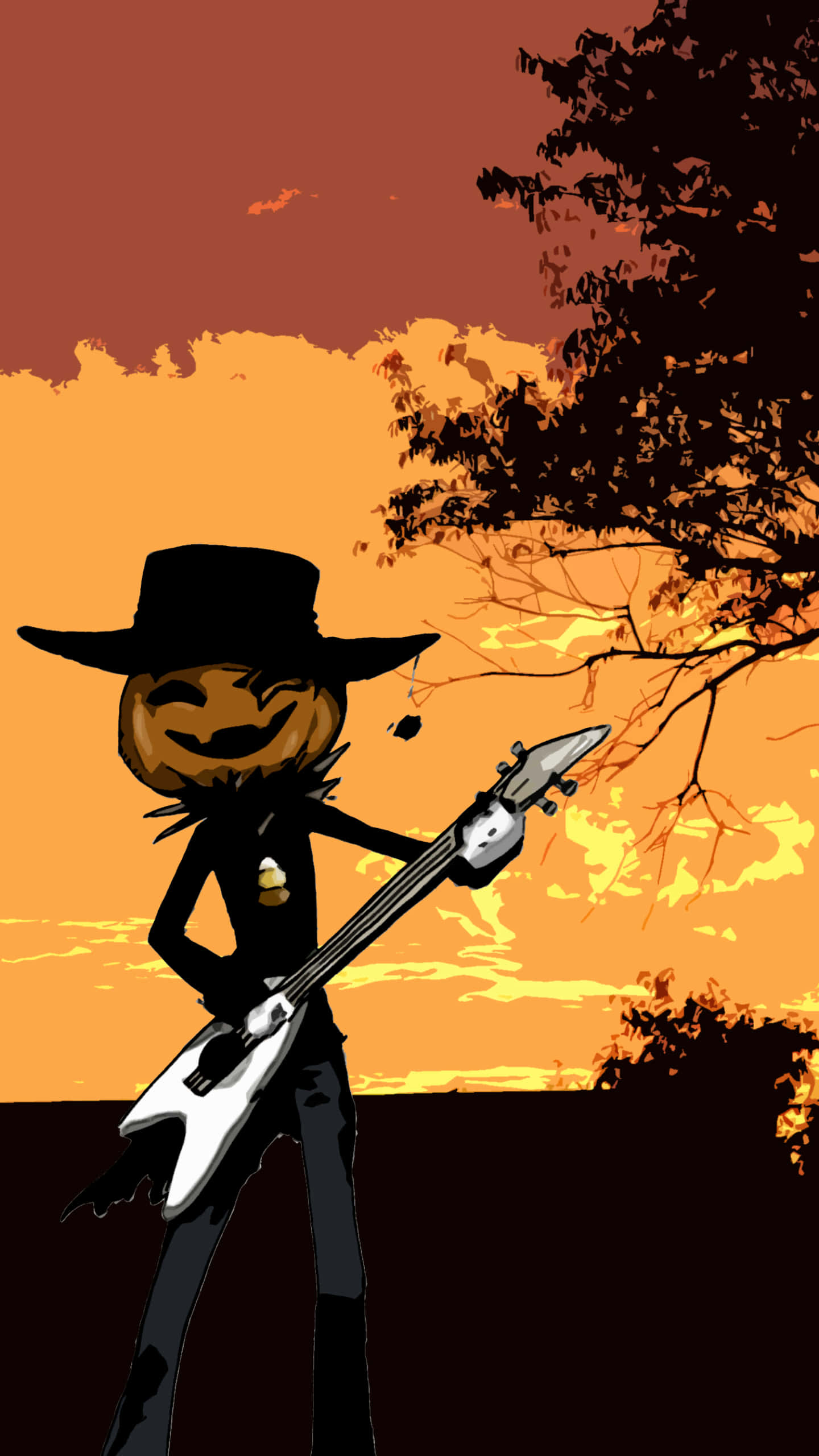 pumpkin head guitarist, jackolantern cowboy, black hat, 2K Phone Wallpaper