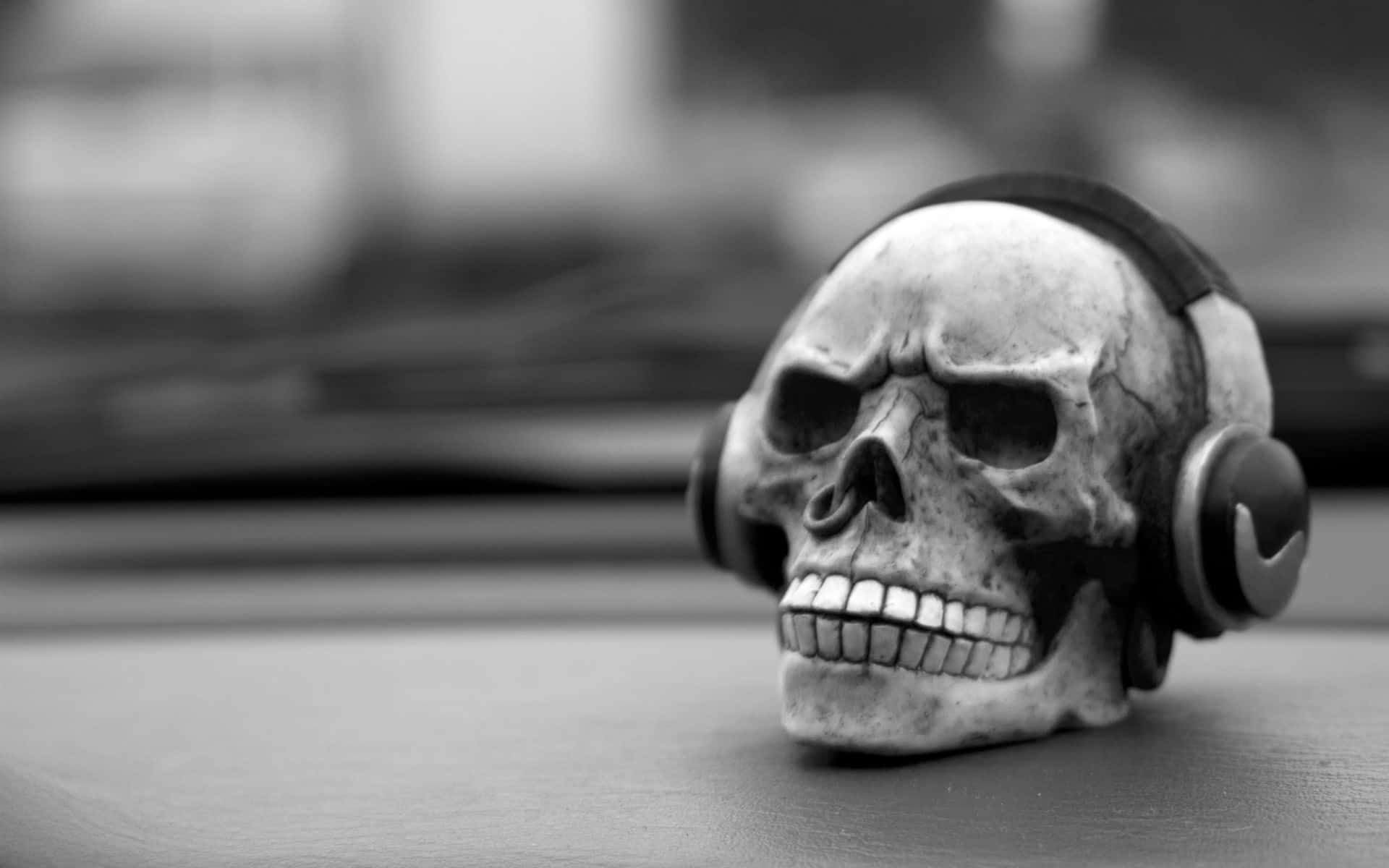 Halloween Music, monochrome skull figurine, headphones, Full HD Desktop Wallpaper