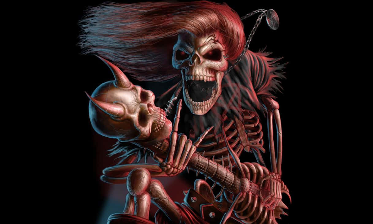 Halloween Music, skeletal guitarist, red hair, SD Desktop Wallpaper
