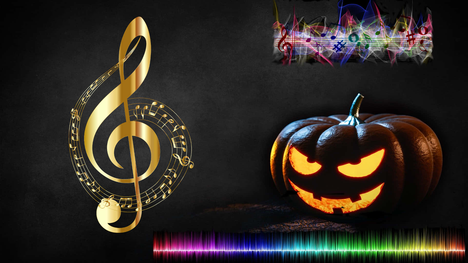 Halloween Music, jack-o'-lantern, golden treble clef, Full HD Desktop Wallpaper