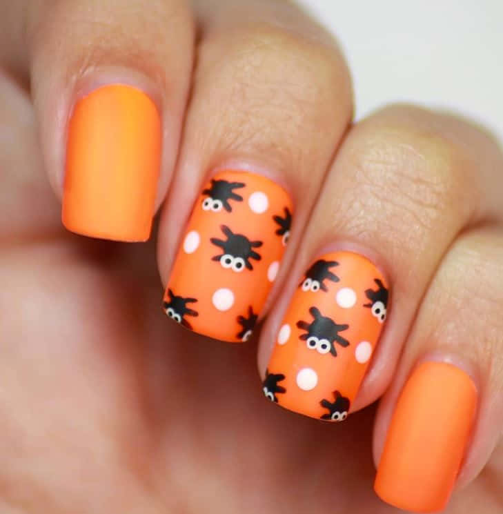 Halloween Nail Art, vibrant orange matte nails, cute black spider, SD Phone Wallpaper