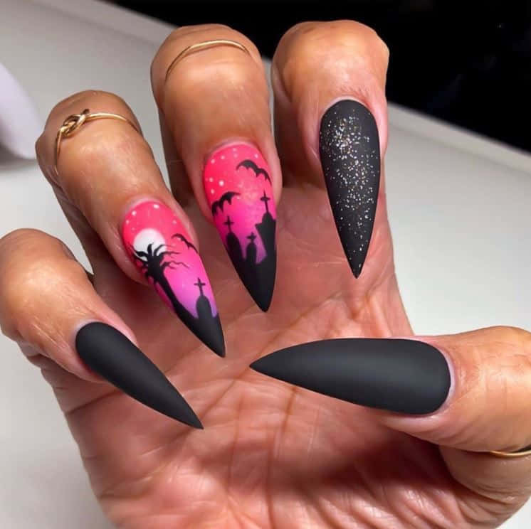 Halloween Nail Art, pink graveyard scenes, glittery black tips, SD Desktop Wallpaper
