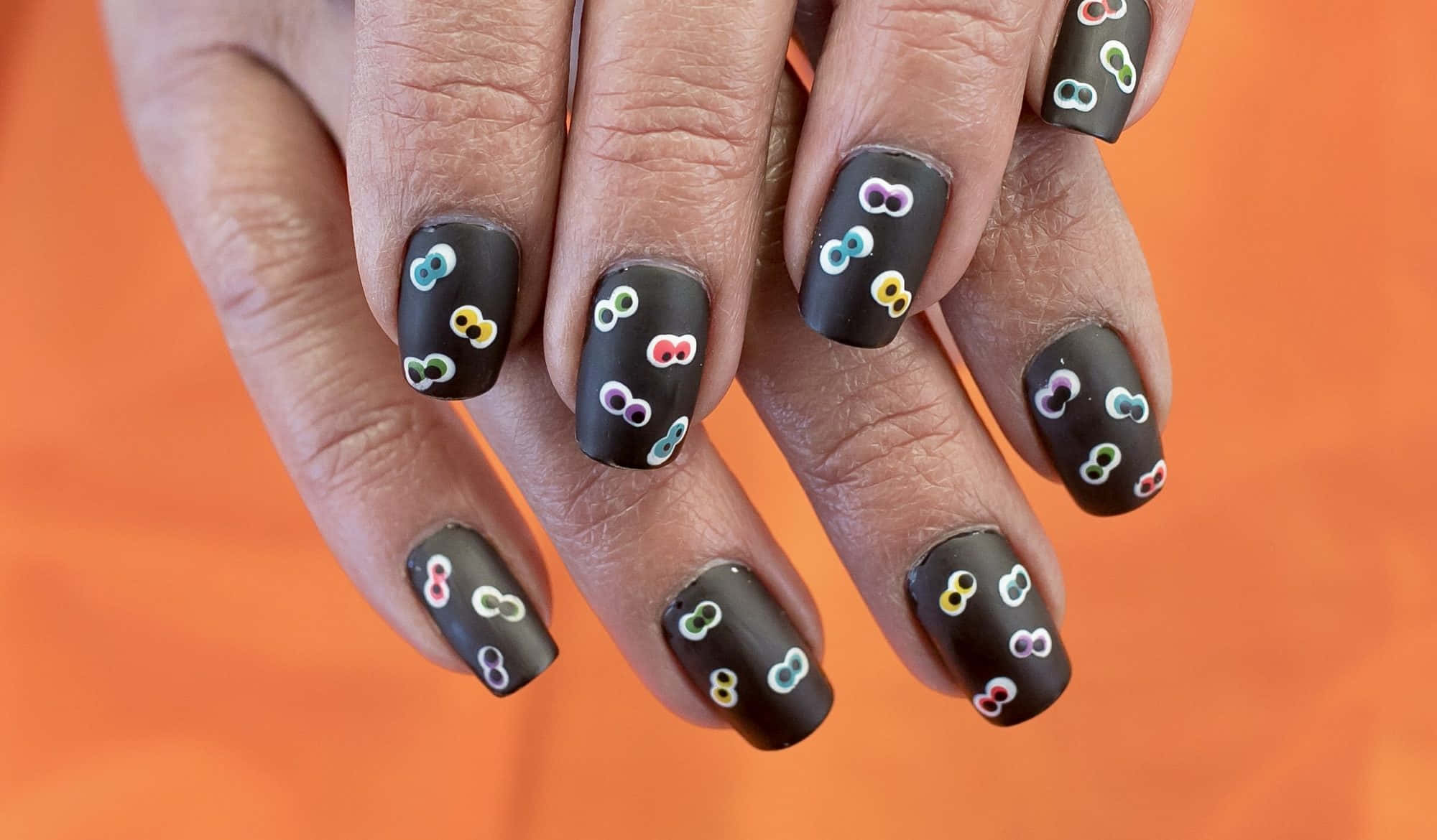 Halloween Nail Art, black matte nails, colorful tiny infinity symbols, Full HD Desktop Wallpaper