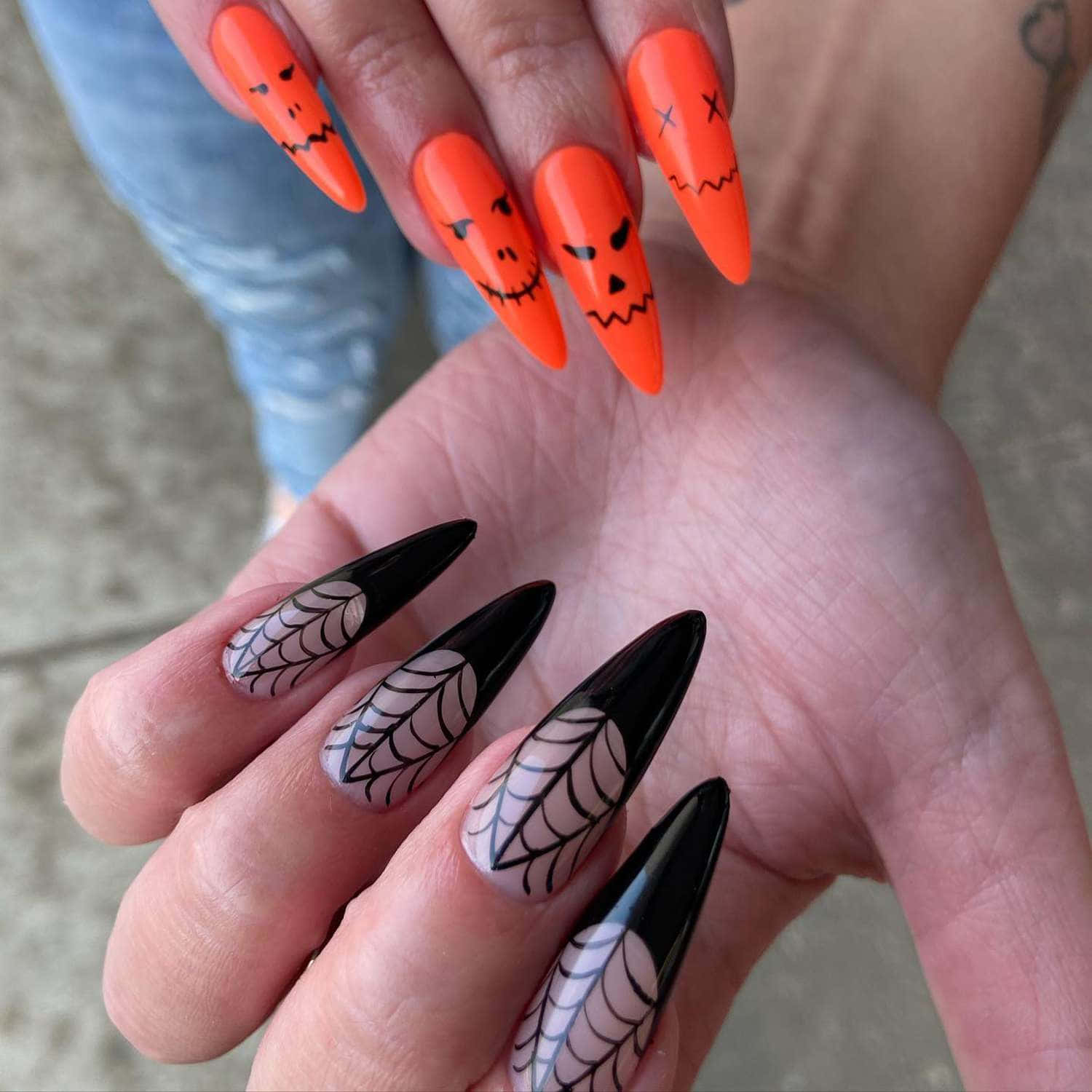 Halloween Nail Art, orange jack-o'-lanterns, black spiderwebs, HD Desktop Wallpaper