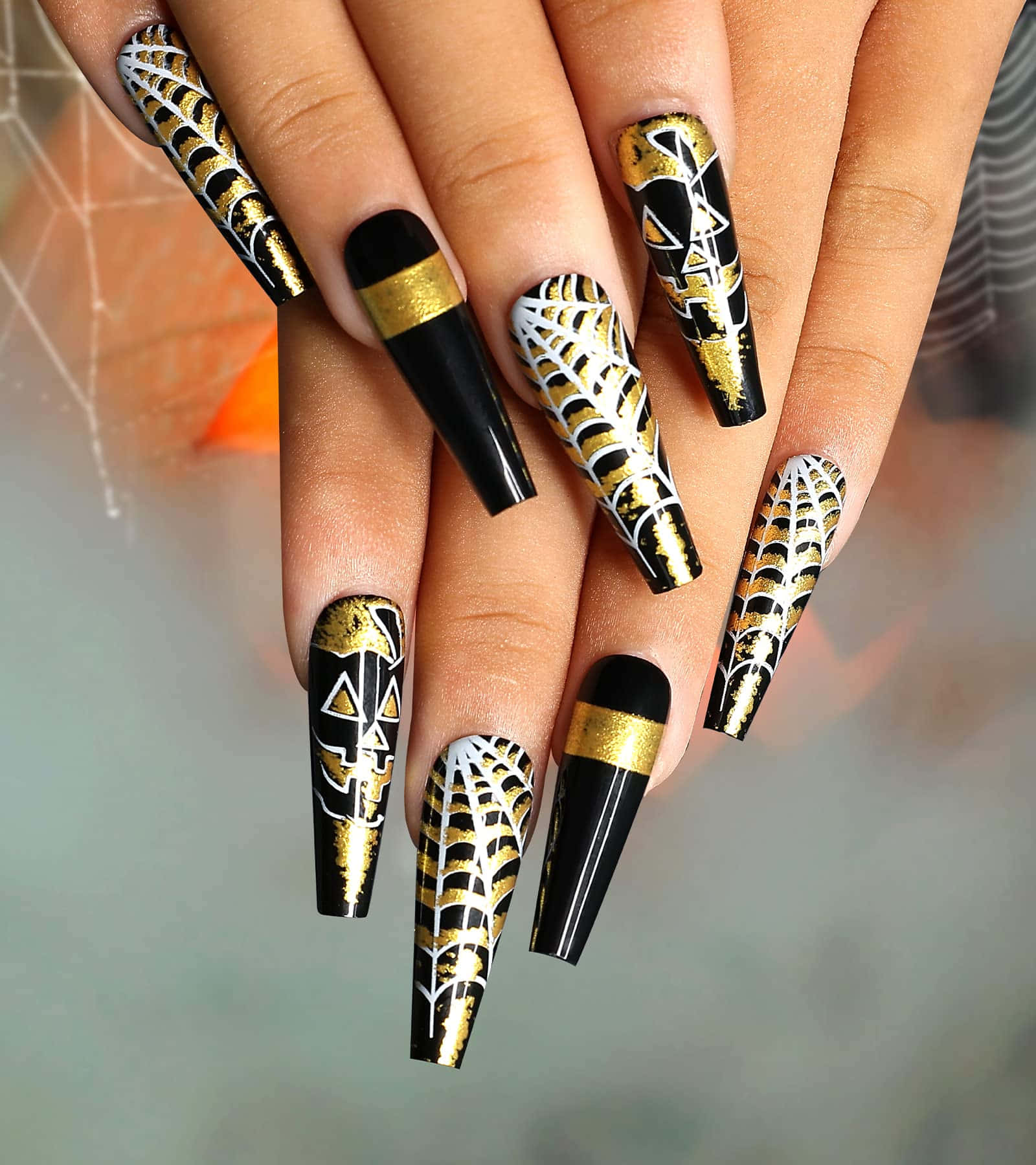 Halloween Nail Art, black and gold, coffin nails, HD Phone Wallpaper