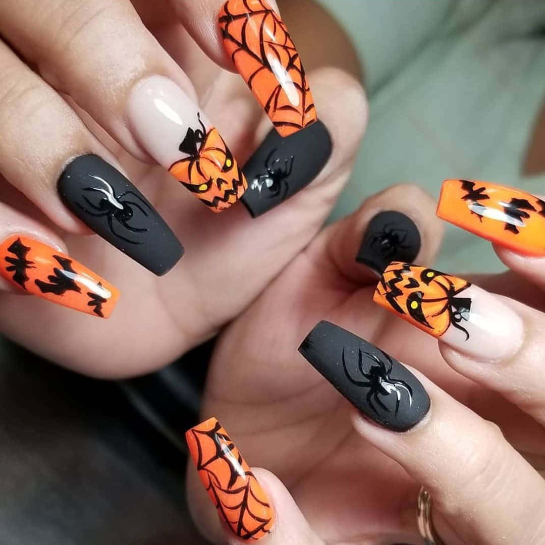Halloween nail art, orange pumpkins, spiders, SD Desktop Wallpaper
