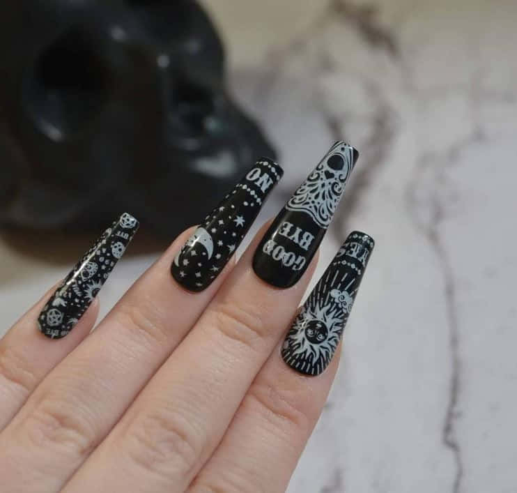 Halloween nail art, black coffin nails, white celestial and skull designs, SD Desktop Wallpaper