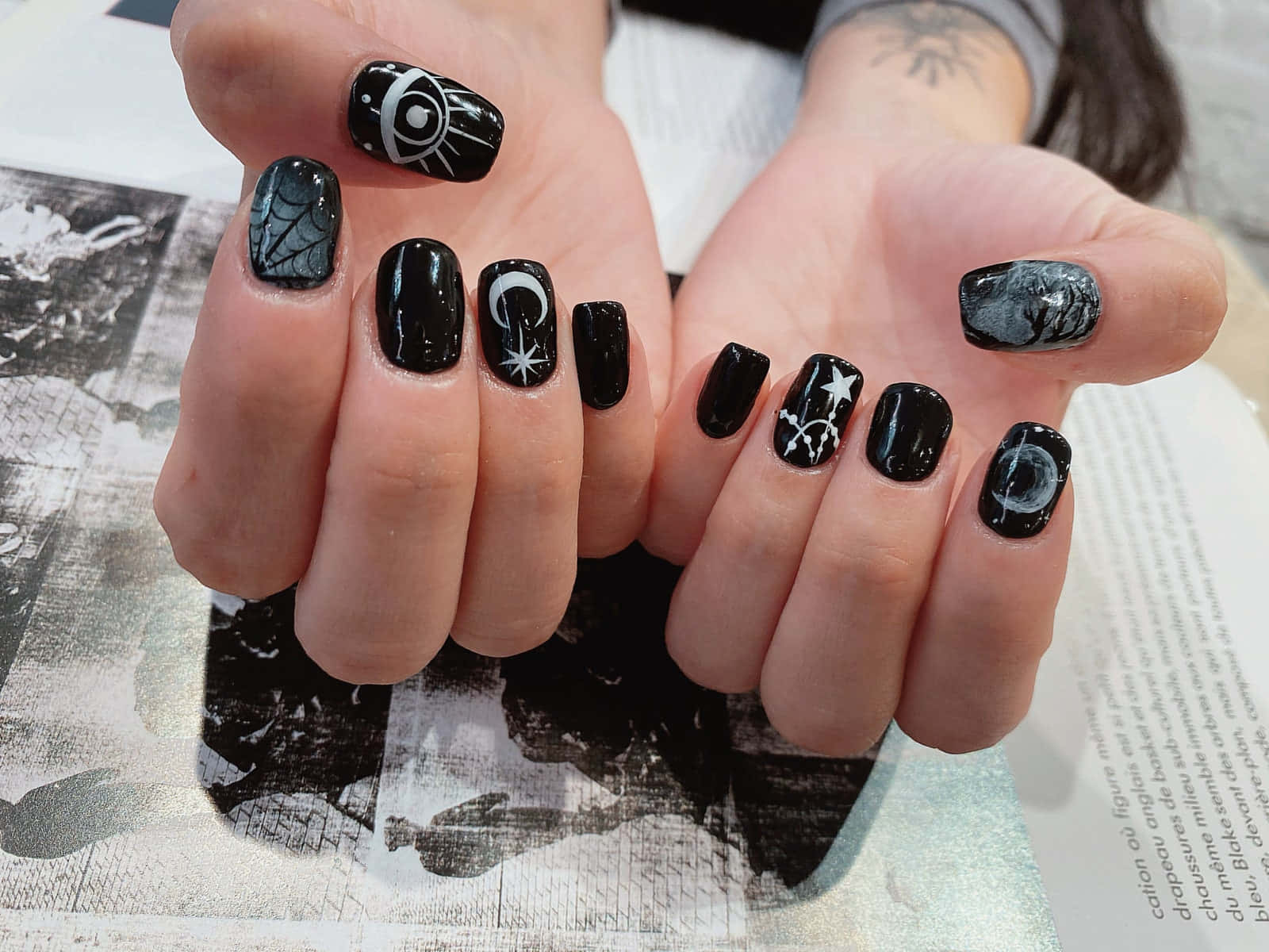 Halloween nail art, black and white, eyes, HD Desktop Wallpaper
