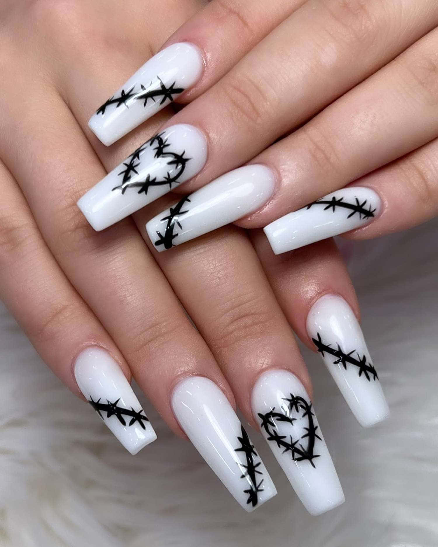Halloween Nail Art, white nails, black barbed wire designs, HD Phone Wallpaper