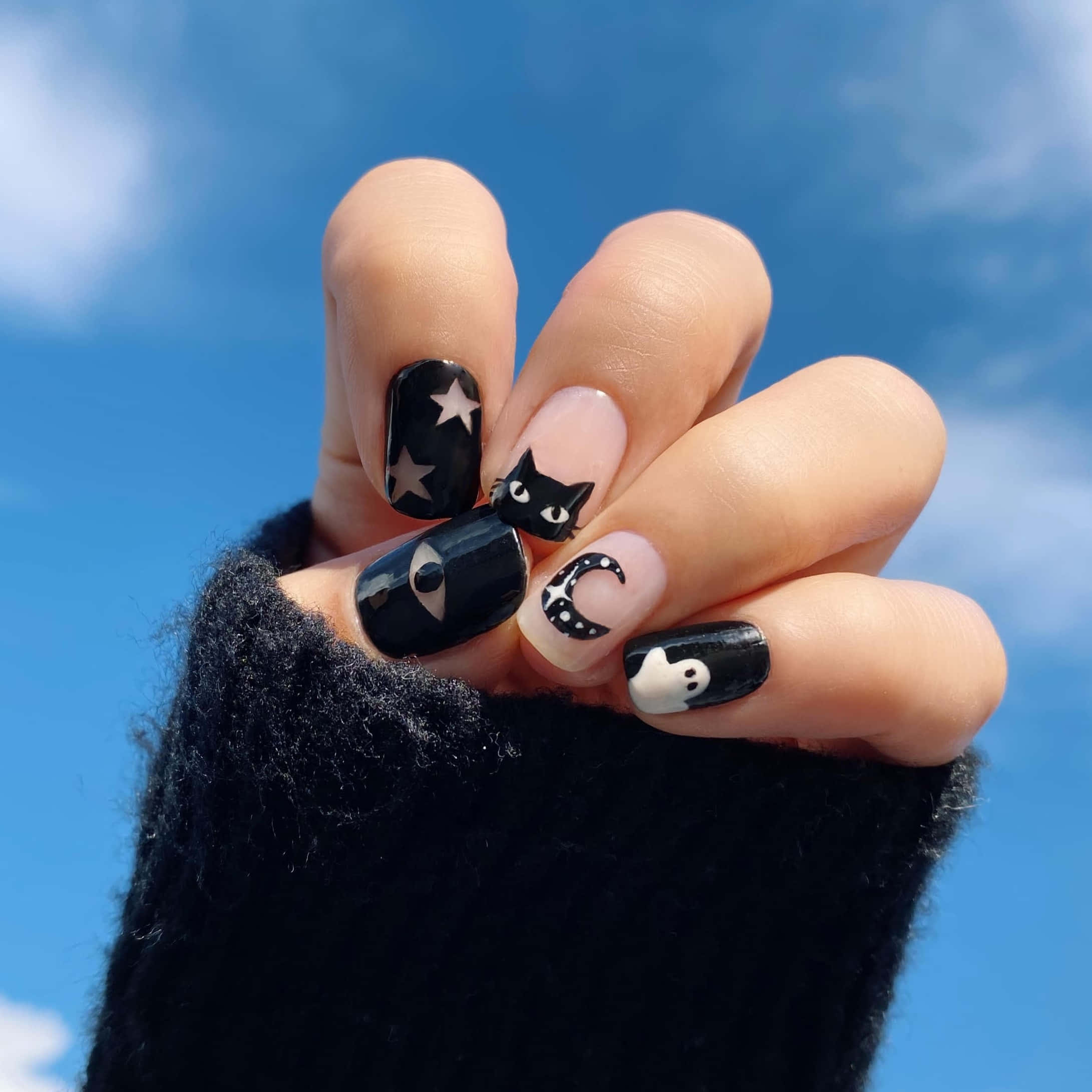 Halloween Nail Art, black and white witch-themed nail art, bright blue sky, Full HD Phone Wallpaper