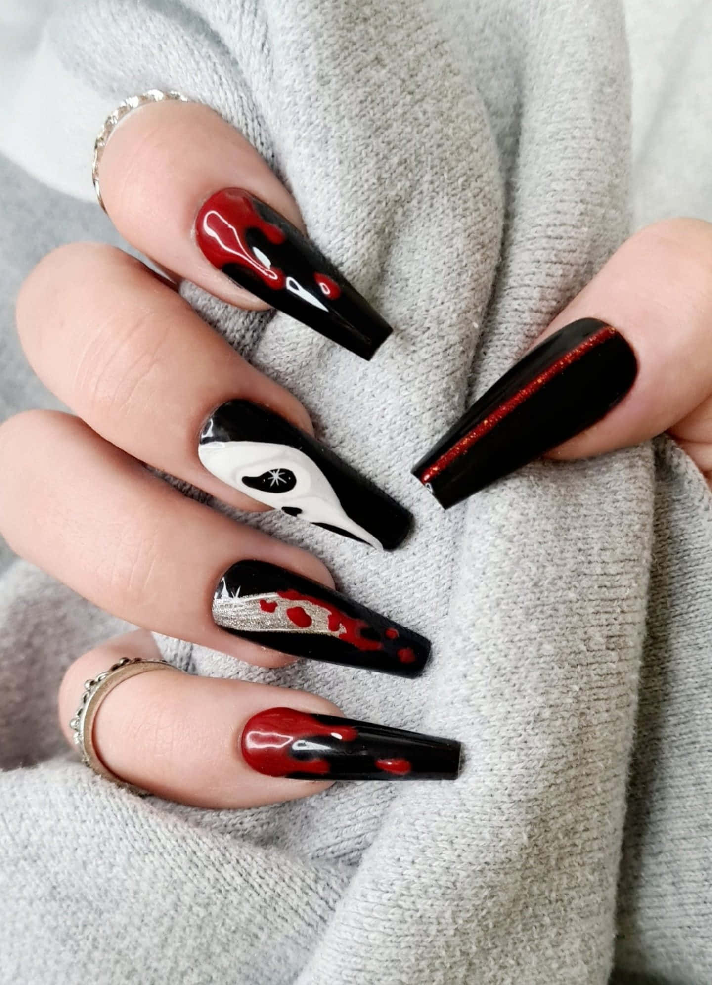 Halloween Nail Art, black red and white coffin nails, glitter, Full HD Phone Wallpaper