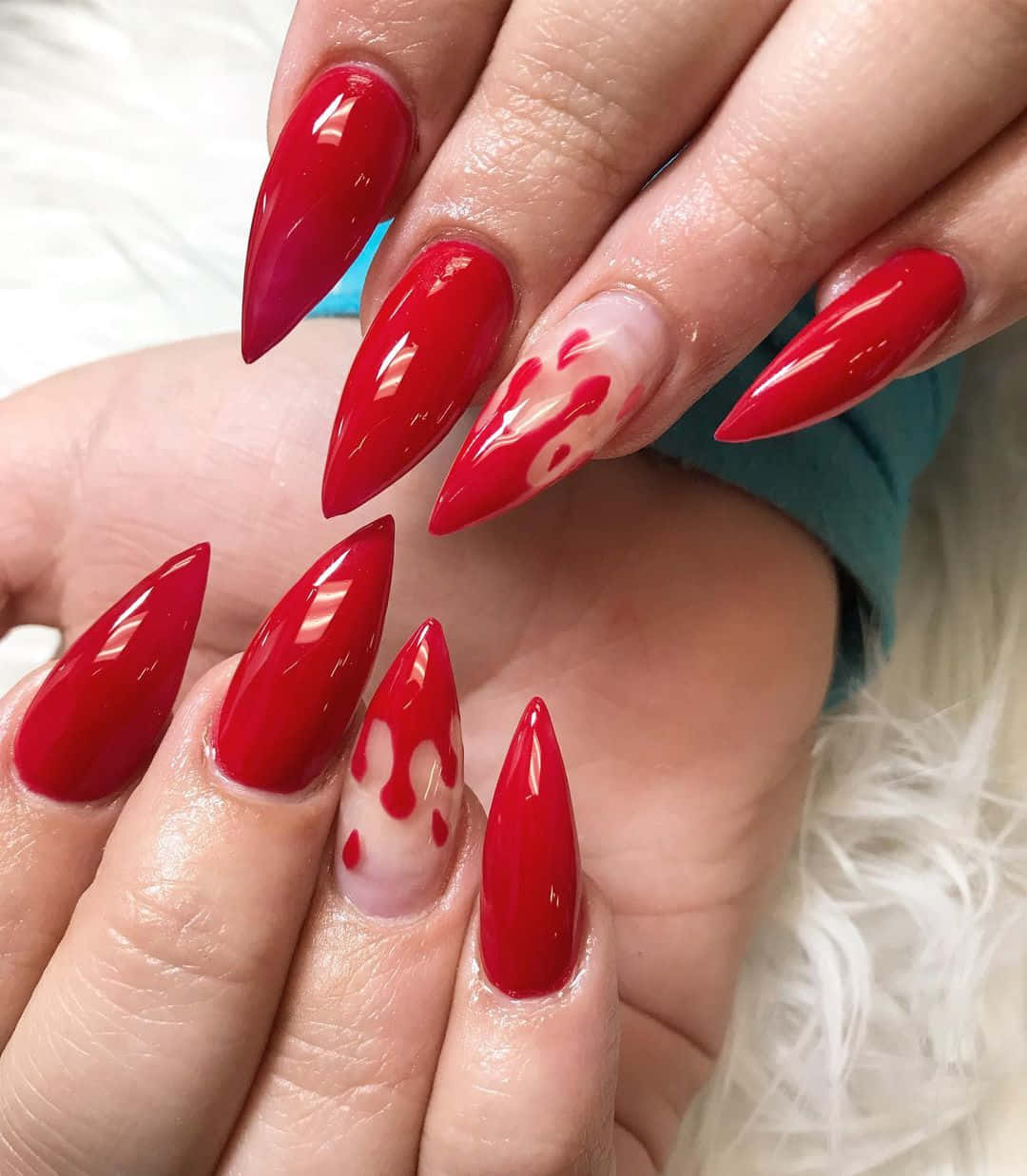 Halloween Nail Art, glossy red stiletto nails, white splatter designs, SD Phone Wallpaper