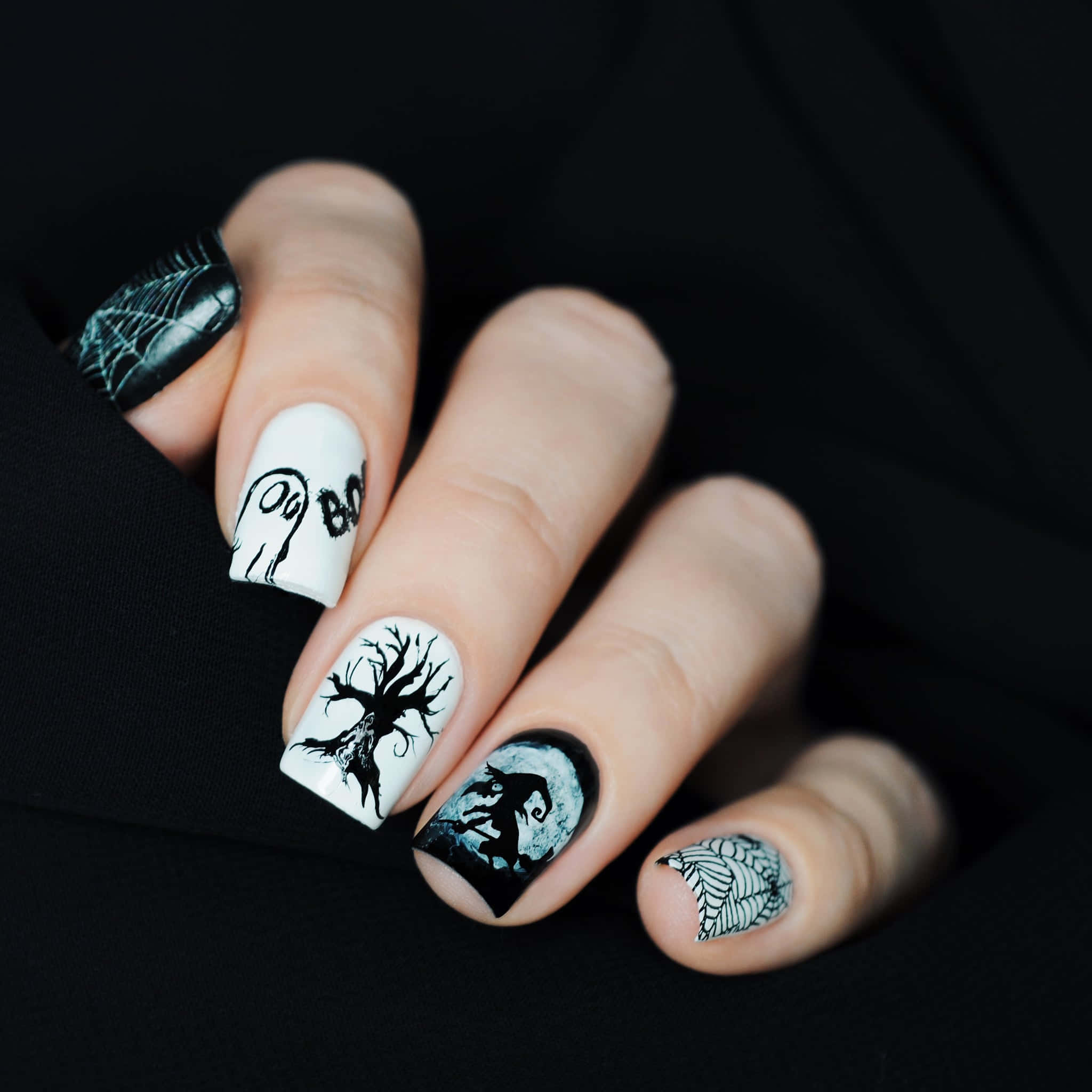 Halloween, black and white, nail art, Full HD Desktop Wallpaper