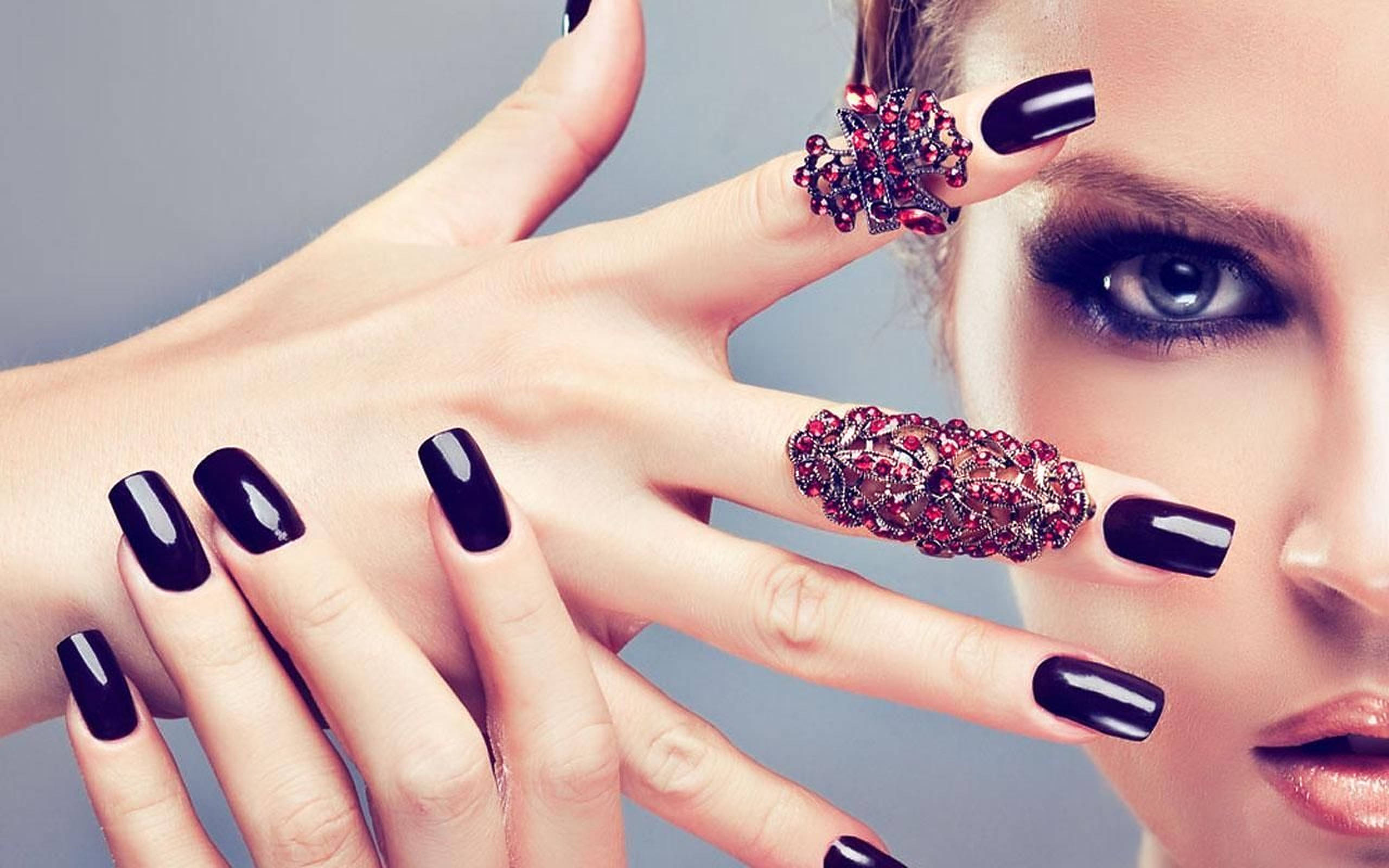 black square shaped nails, glossy black nails, ornate red gemstone rings, 2K Desktop Wallpaper