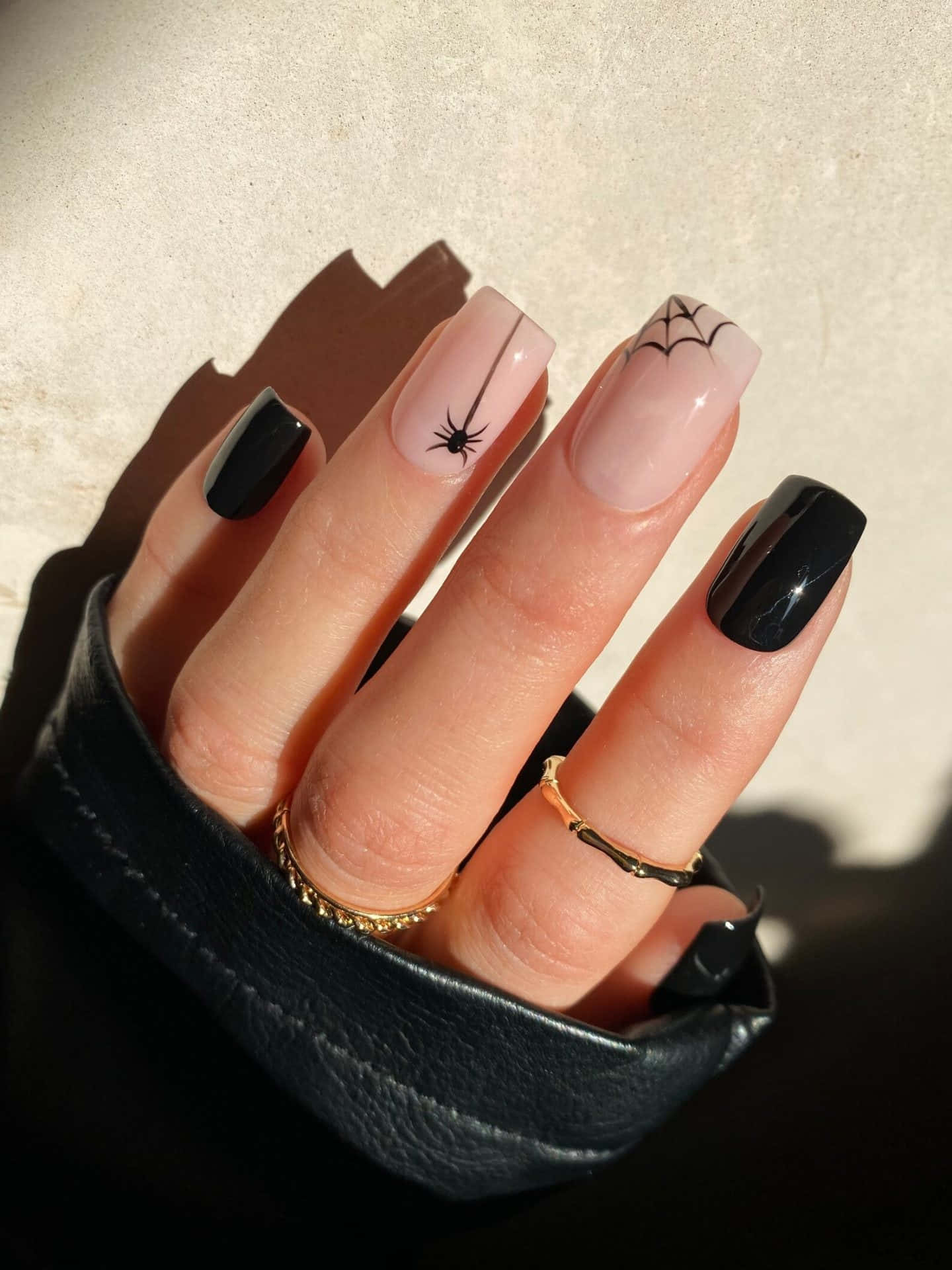 Halloween Nail Art, black and nude nails, spiderweb and spider designs, Full HD Phone Wallpaper