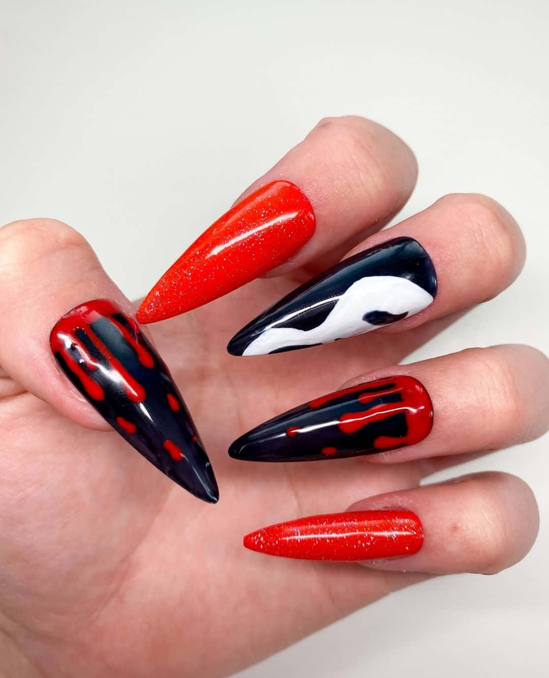 Halloween Nail Art, red black and white, stiletto nails, HD Phone Wallpaper