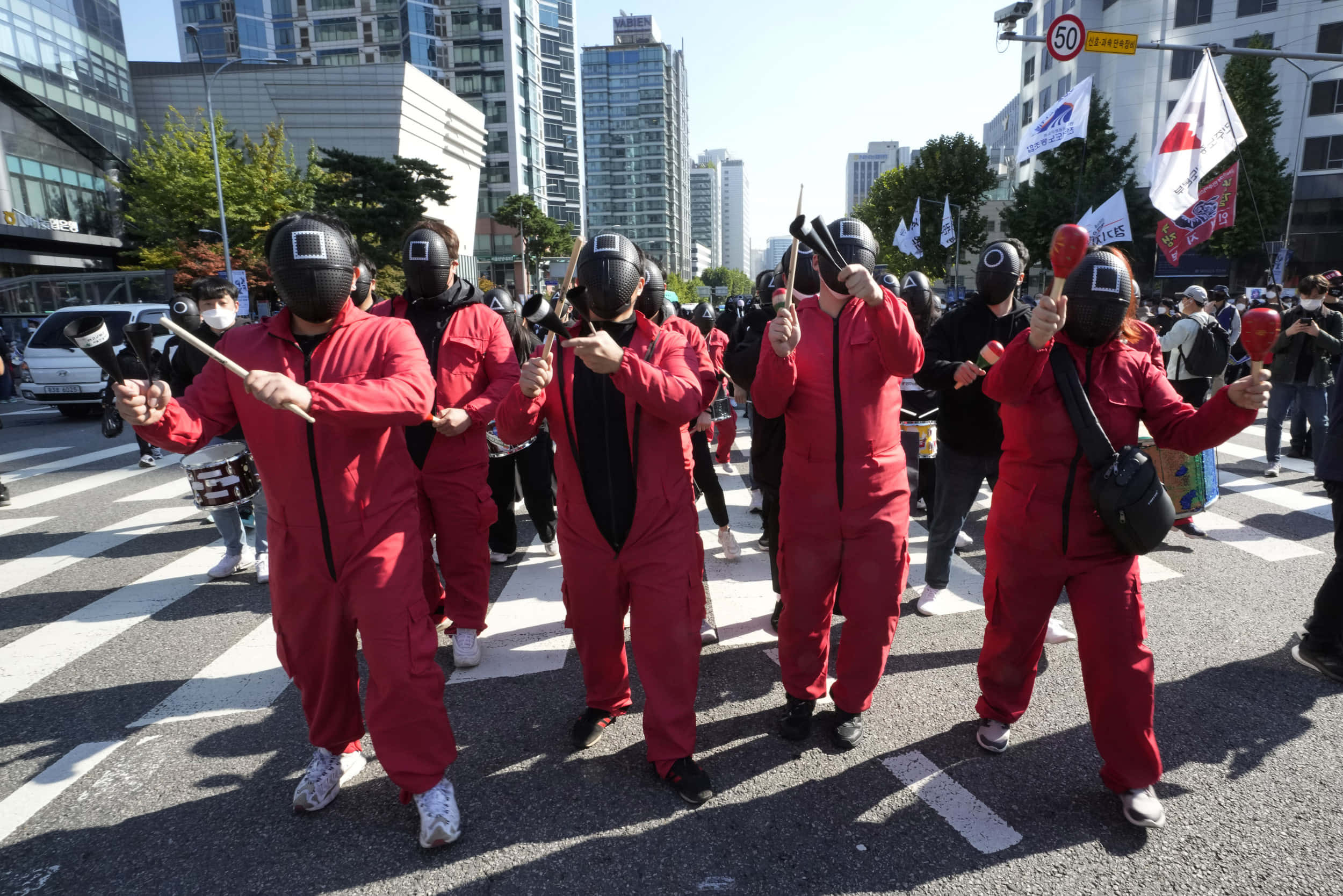 Halloween Parades, red jumpsuits, black masks, Full HD Desktop Wallpaper