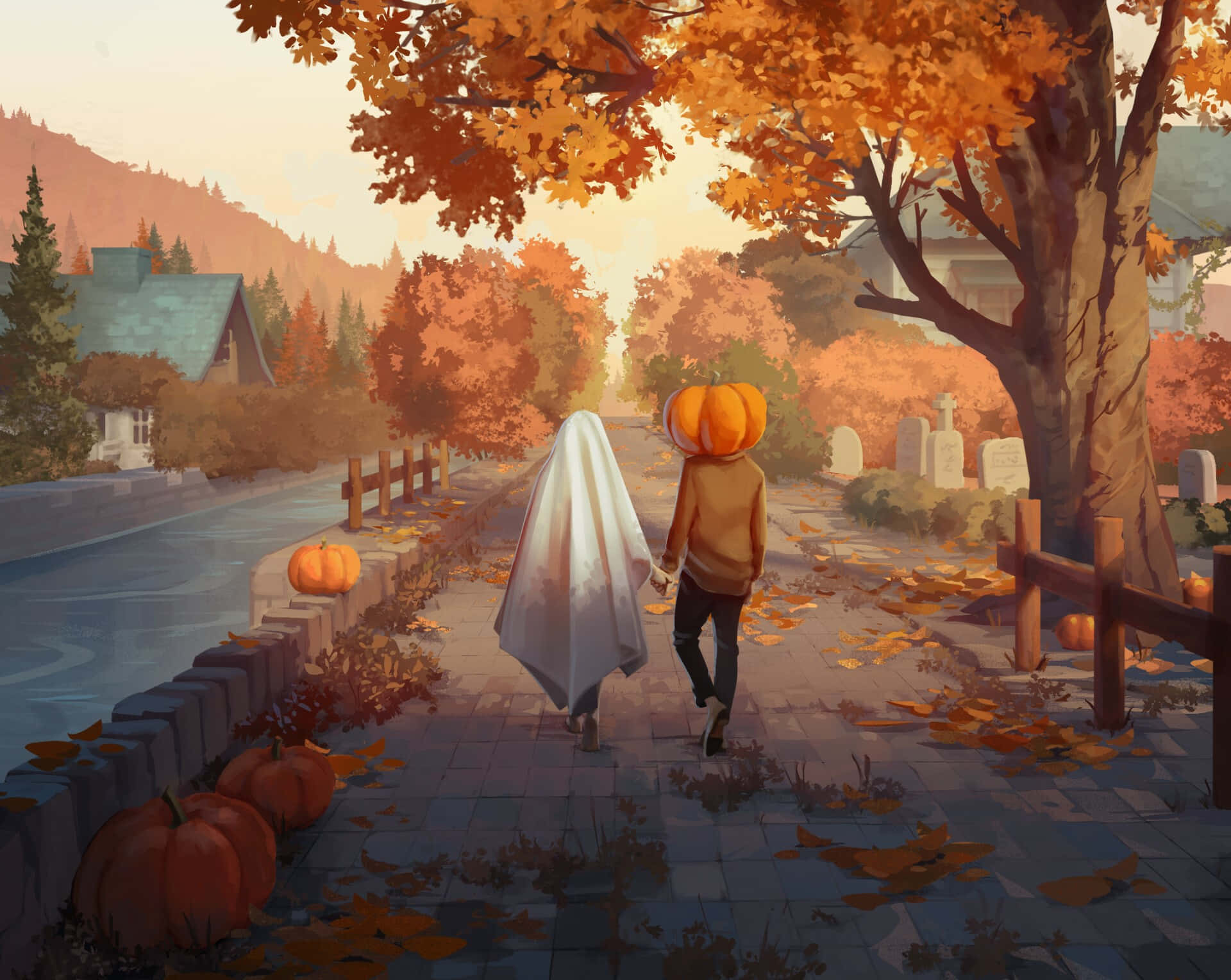 Autumn Halloween Stroll, ghost costume, pumpkin head, Full HD Desktop Wallpaper