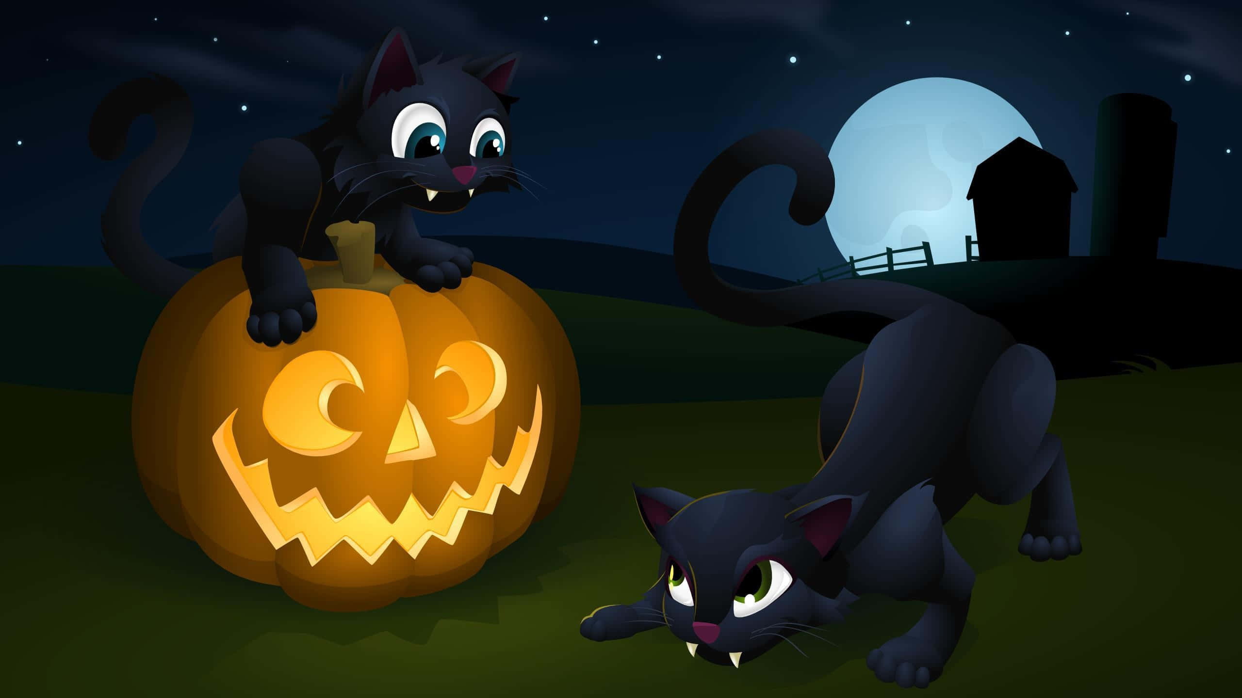 black cats, glowing jack-o-lantern, full moon, 2K Desktop Wallpaper