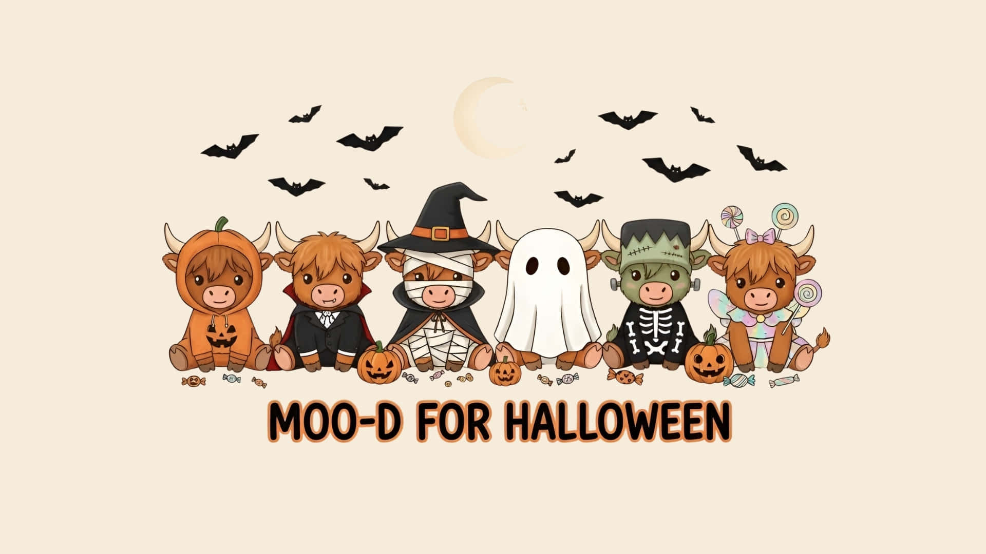 crescent moon, flying bats, candy, Full HD Desktop Wallpaper