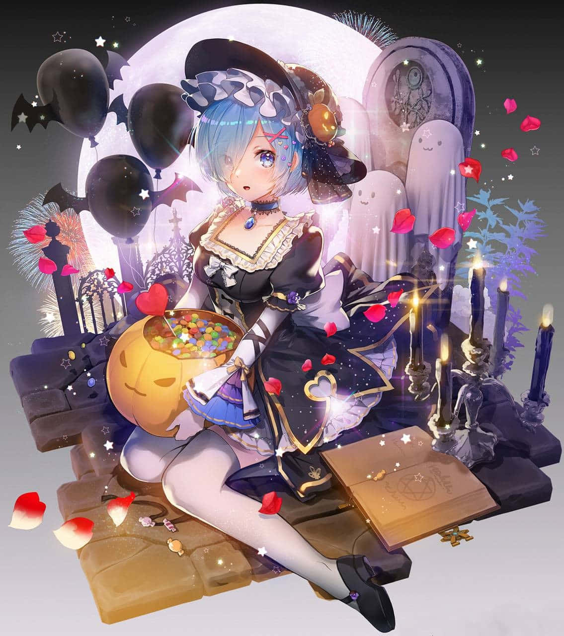 blue-haired anime girl, black witch dress, jack-o-lantern candy bowl, HD Phone Wallpaper