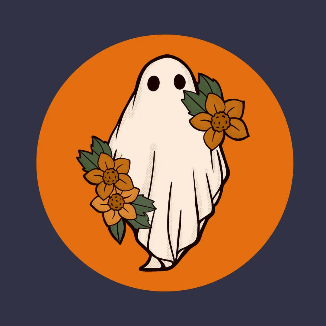 floral ghost, white cartoon ghost, orange flowers, SD Desktop Wallpaper