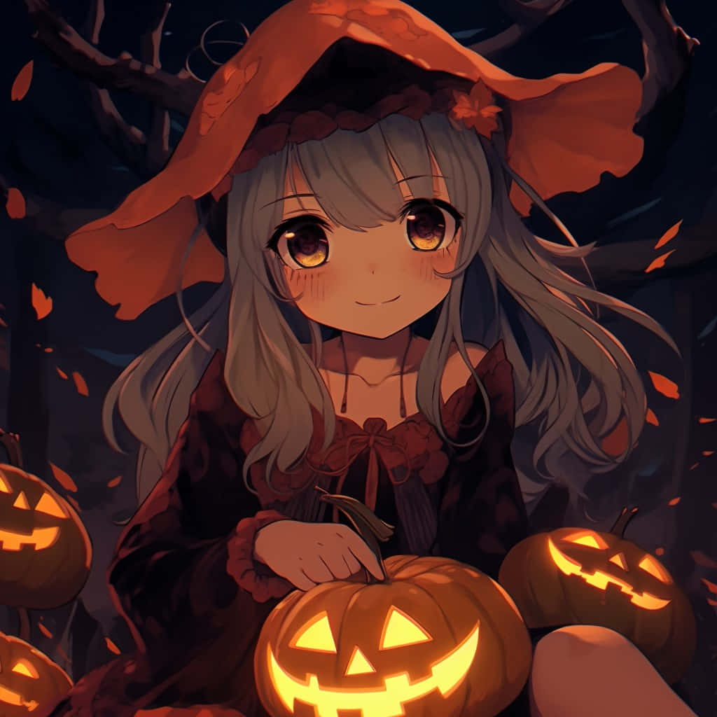 anime girl, silver hair, orange pumpkin hat, SD Desktop Wallpaper