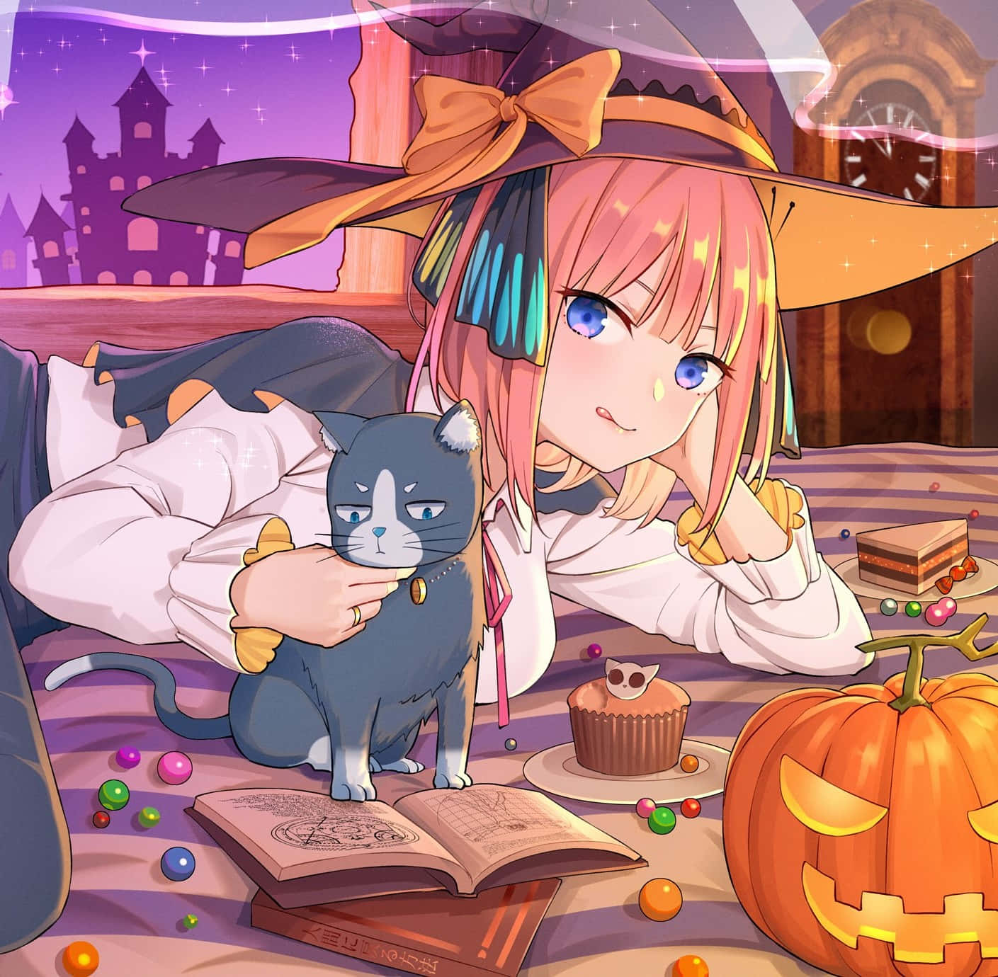 pink-haired witch, hat, grumpy cat, HD Desktop Wallpaper