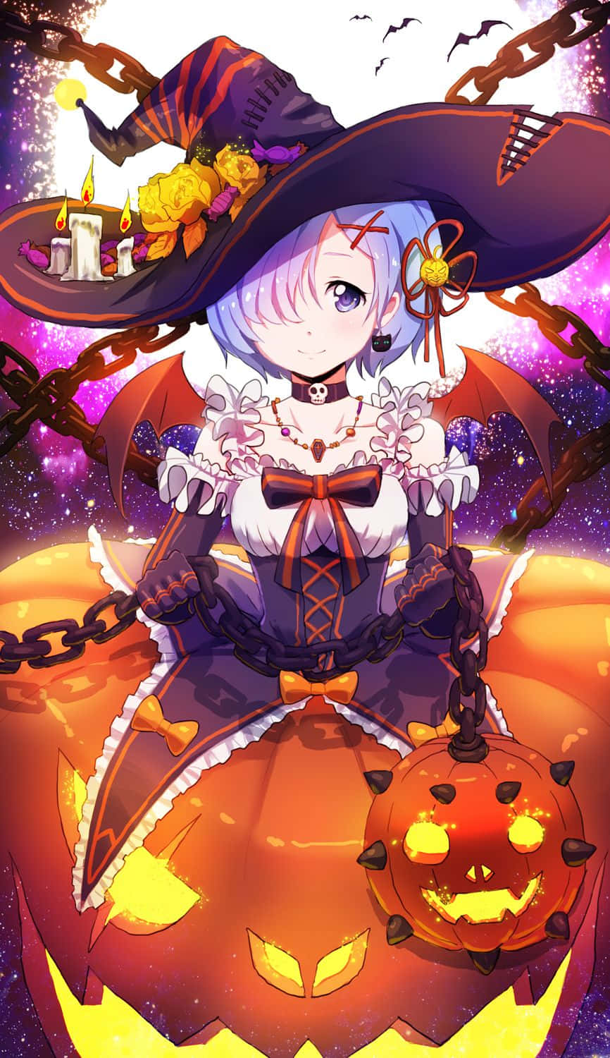 anime witch, purple hair, giant glowing jack-o-lantern, HD Phone Wallpaper