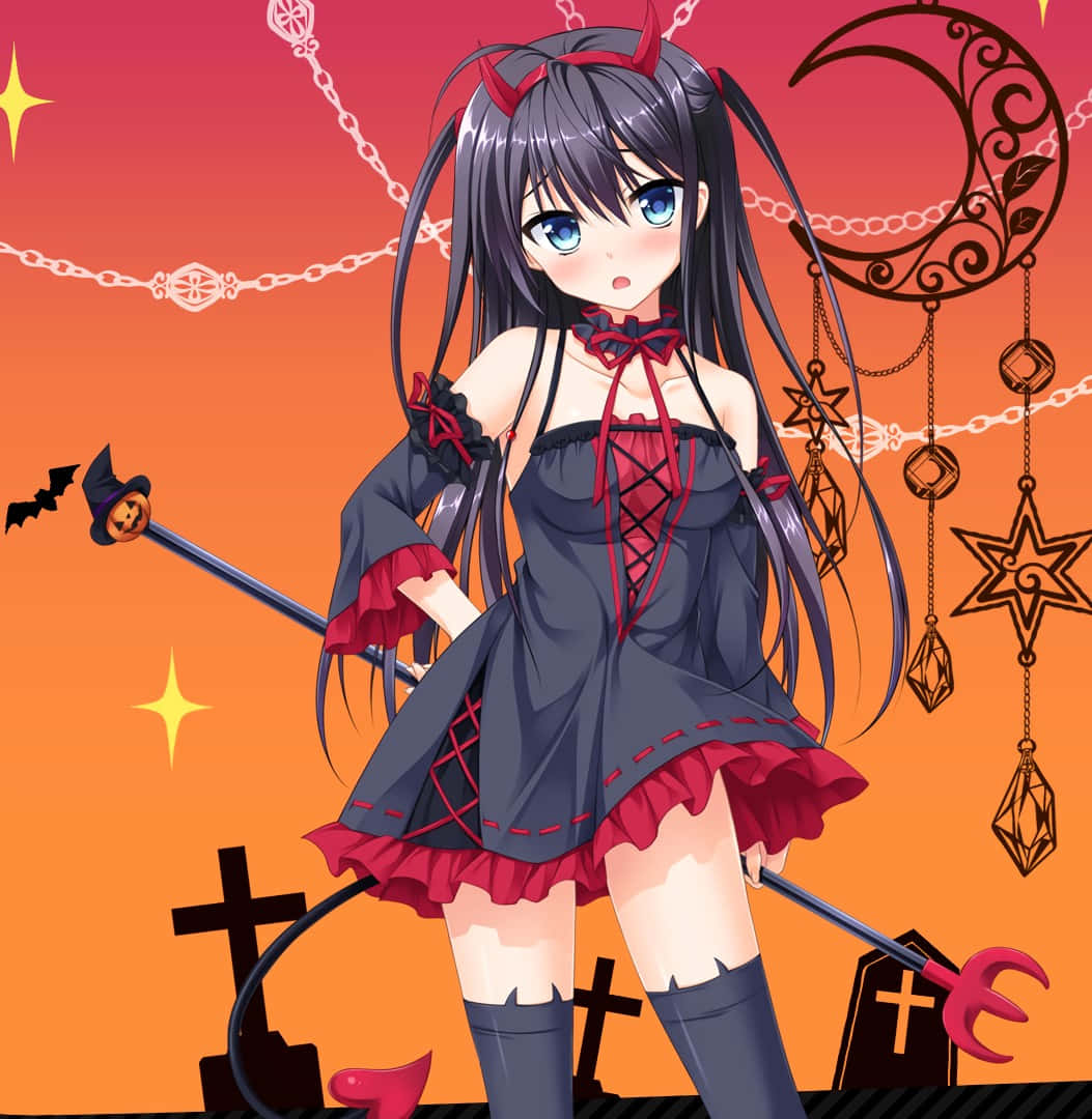 anime girl, black hair, red horns, SD Phone Wallpaper
