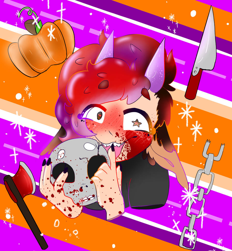 Halloween PFP, cute child holding skull, red-haired devil with horns, SD Phone Wallpaper