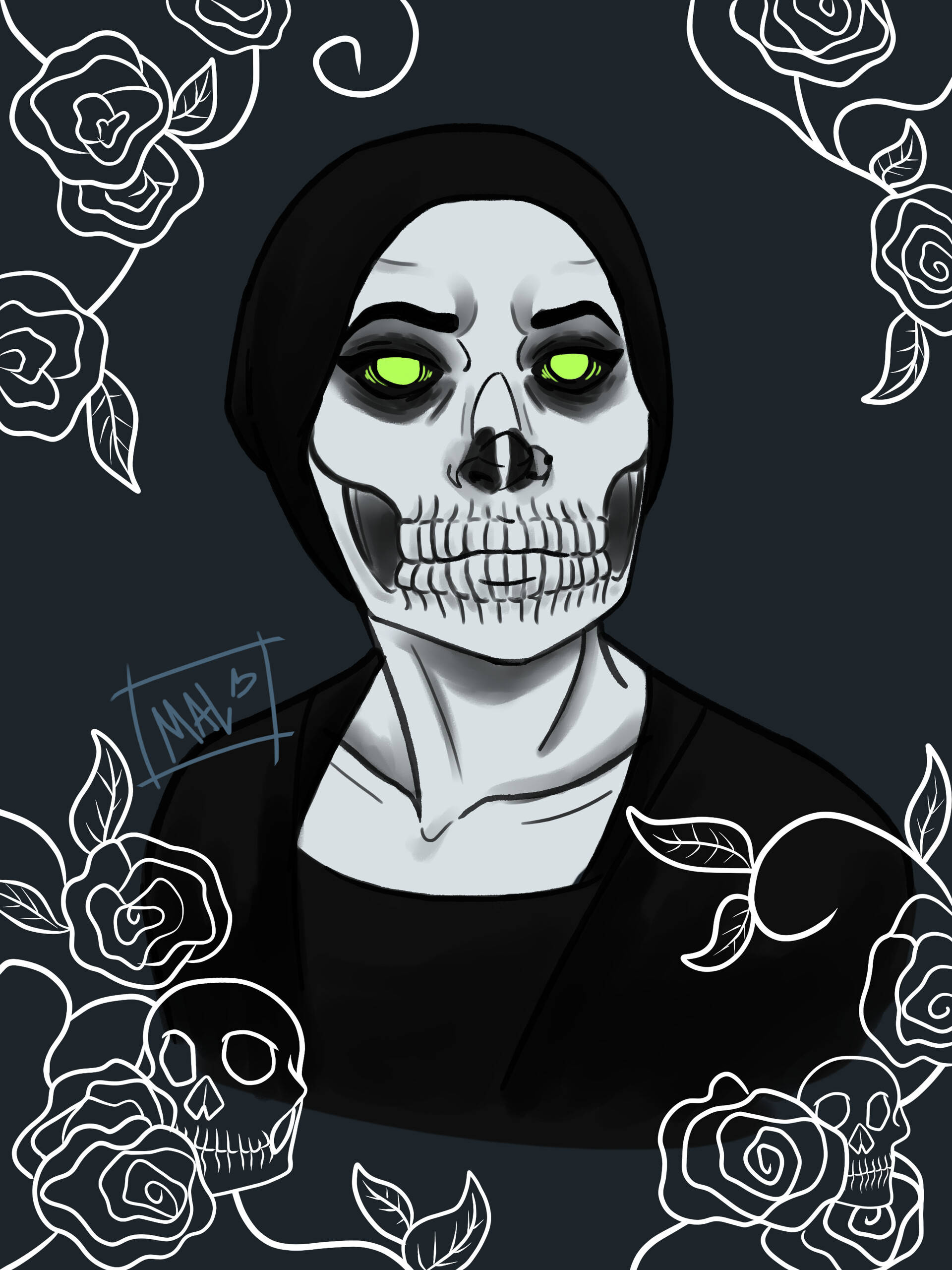 skull-faced man, glowing green eyes, black hood, 2K Phone Wallpaper