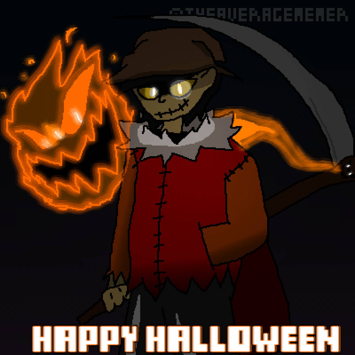 pixel-art scarecrow, glowing eyes, flaming jack-o-lantern, SD Desktop Wallpaper