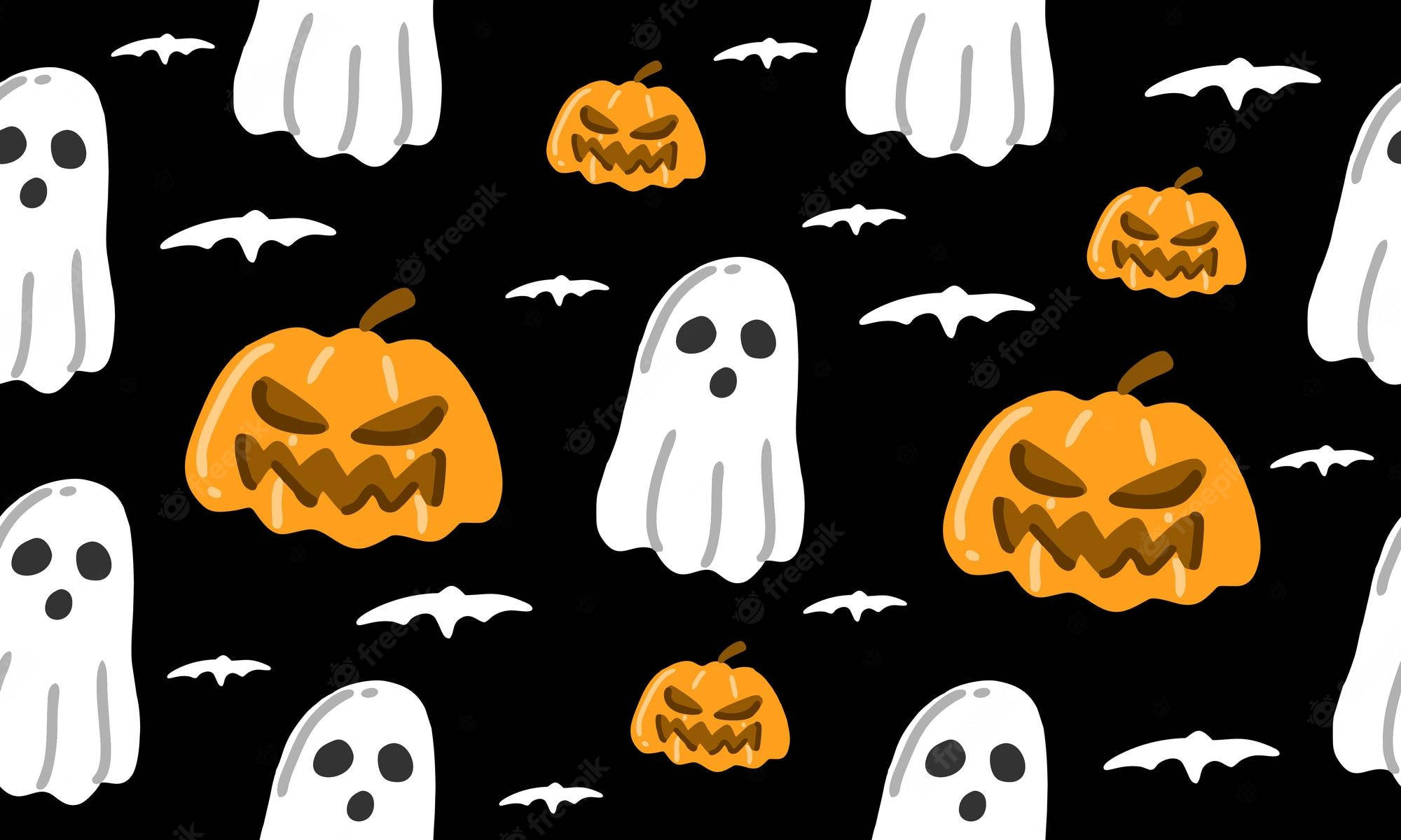white ghosts, orange jack-o-lanterns, angry faces, Full HD Desktop Wallpaper