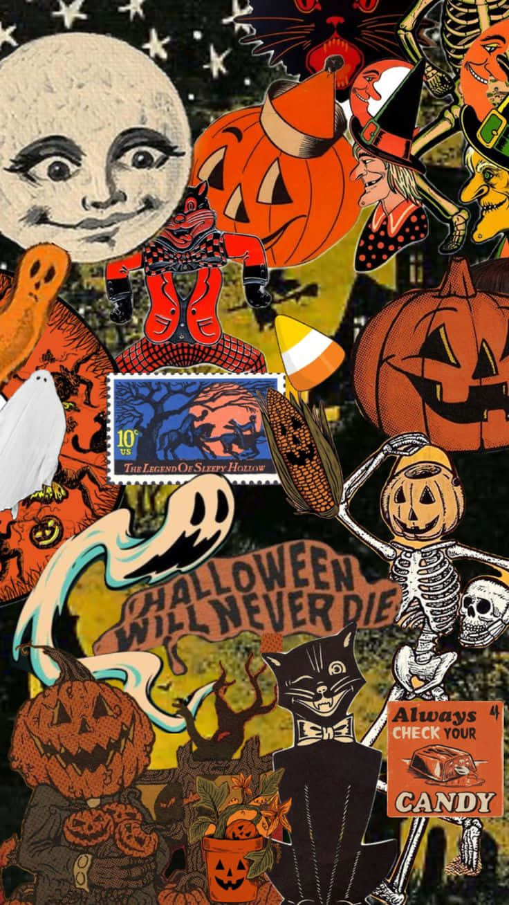Vintage Halloween Collagei Phone, pumpkins, ghosts, HD Phone Wallpaper