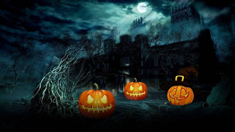 jack-o'-lanterns, misty graveyard, full moon, SD Desktop Wallpaper