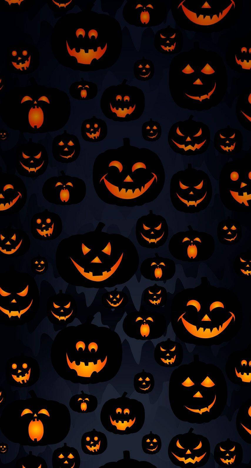floating pumpkins, glowing orange jack-o'-lanterns, dark blue background, HD Phone Wallpaper