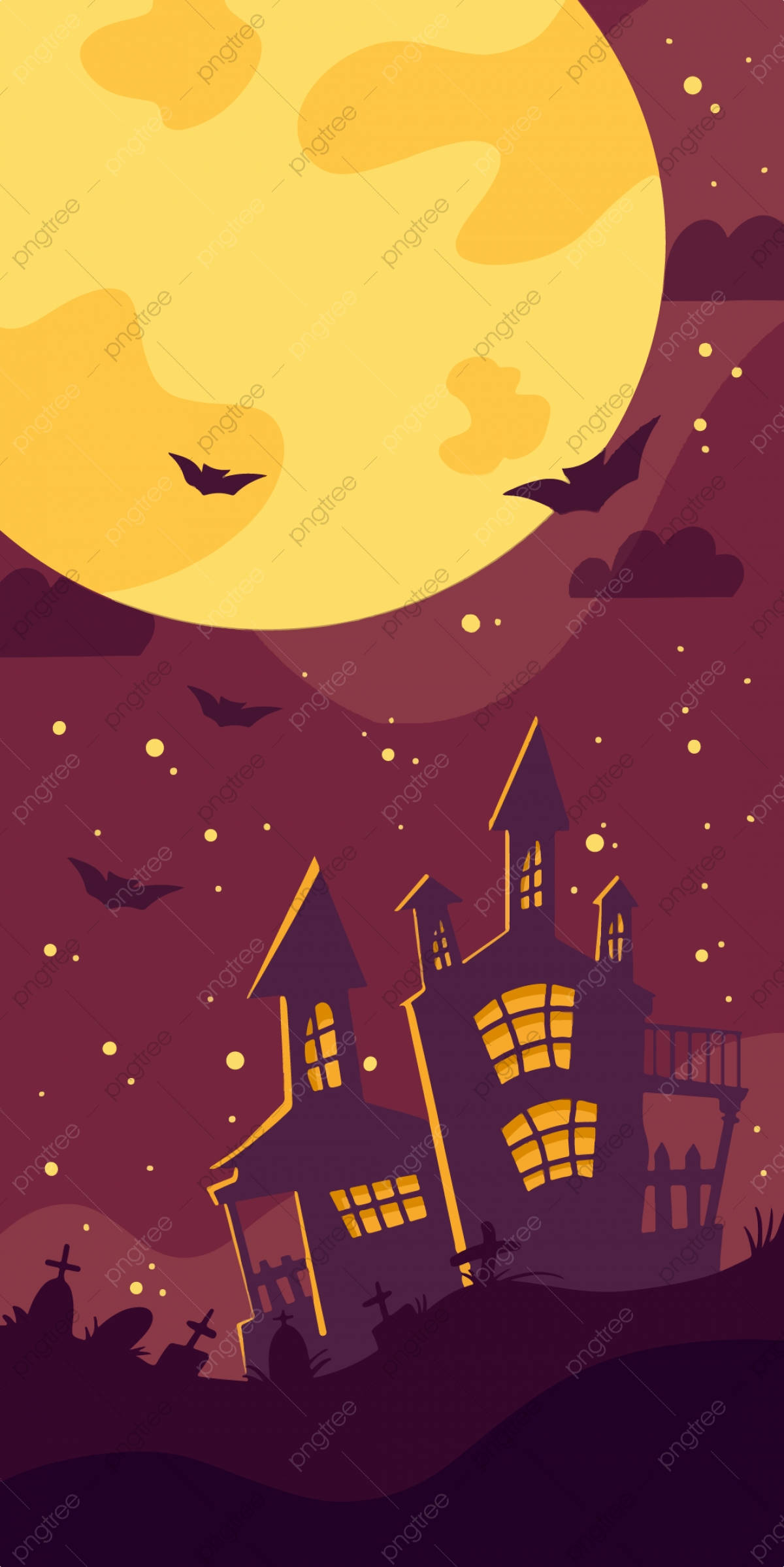 spooky haunted house, glowing windows, giant yellow moon, Full HD Phone Wallpaper