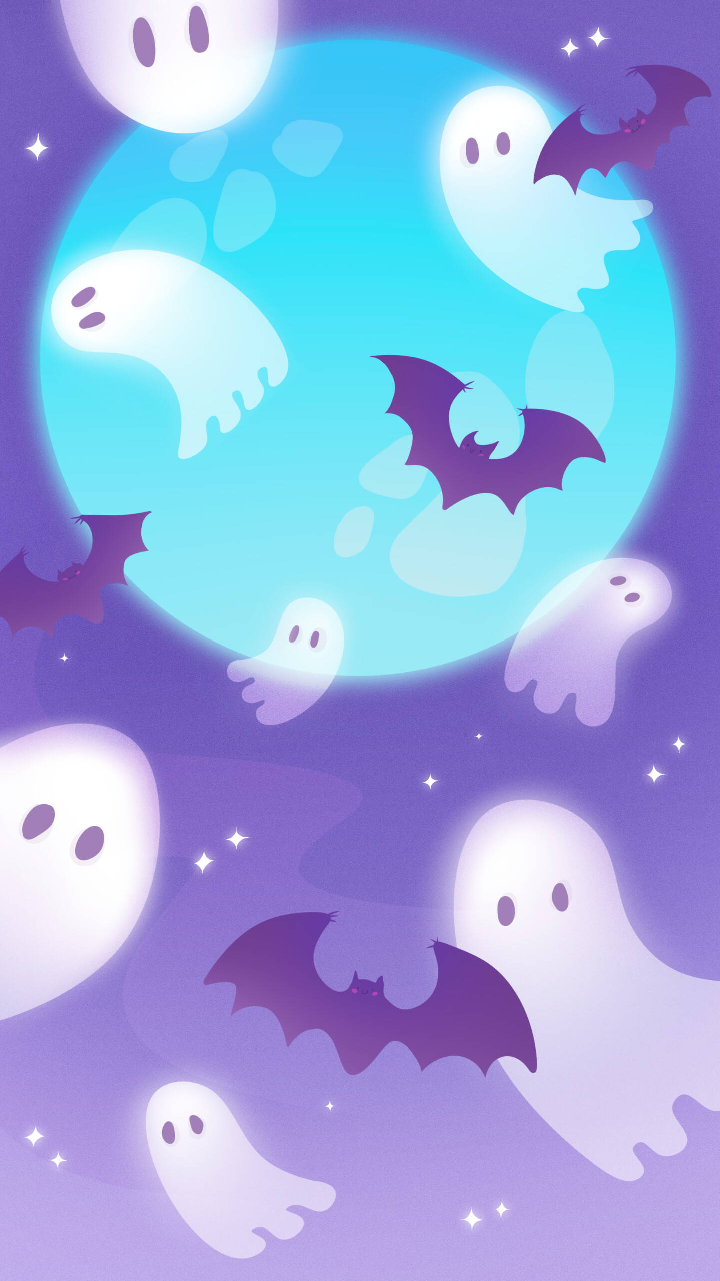 glowing blue moon, starry purple night sky, cute cartoon ghosts, 2K Phone Wallpaper