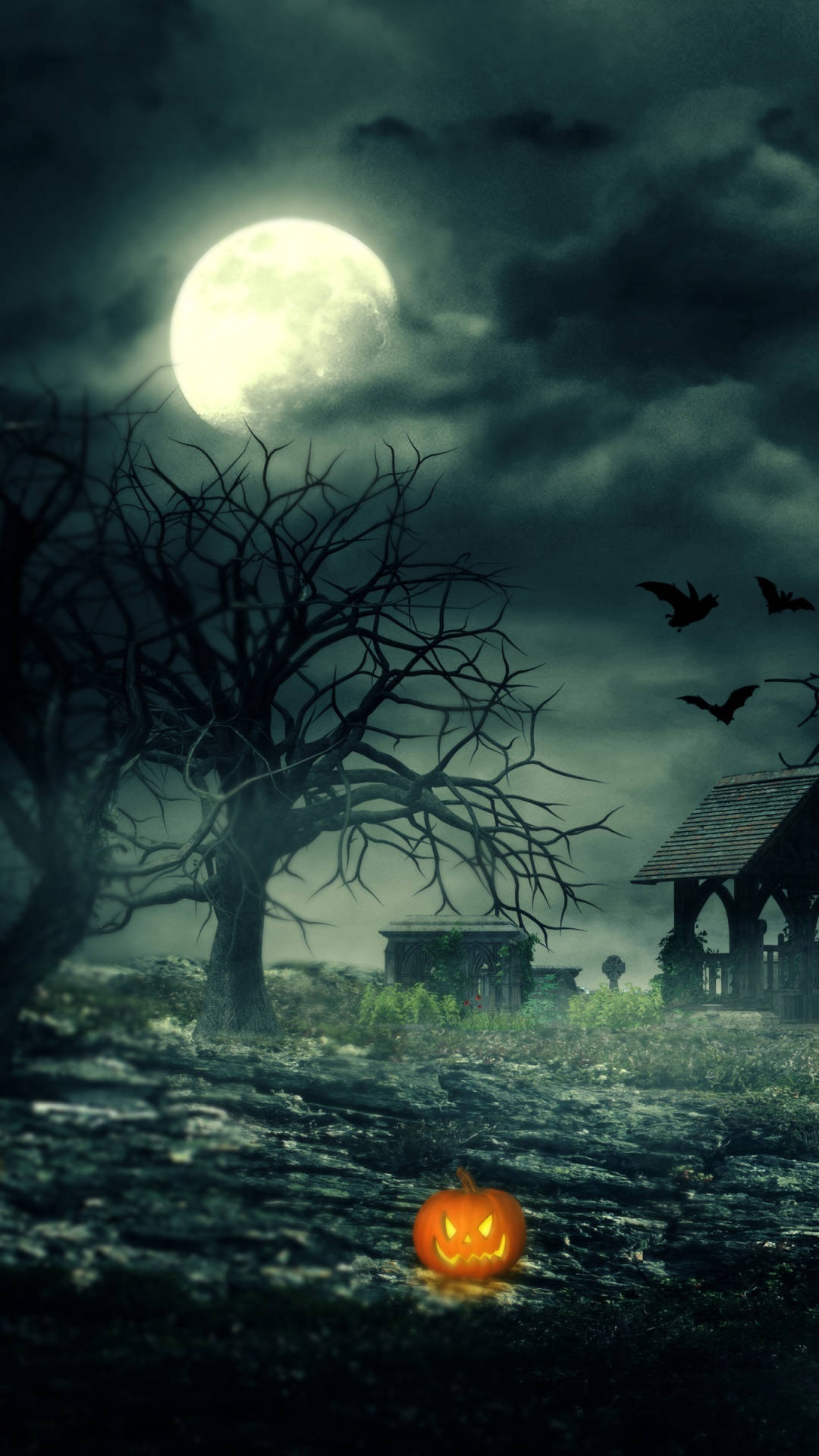 jack-o'-lantern, misty graveyard, full moon, Full HD Phone Wallpaper