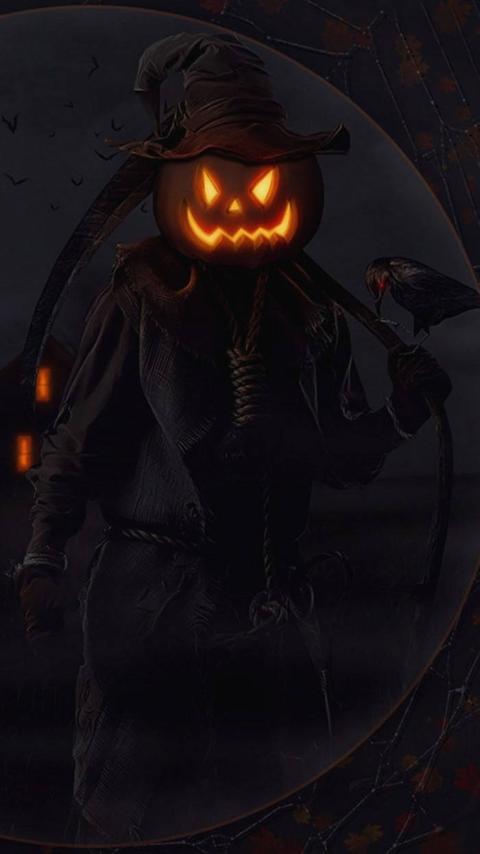 pumpkin with scythe, jack-o'-lantern headed scarecrow, crow, SD Phone Wallpaper