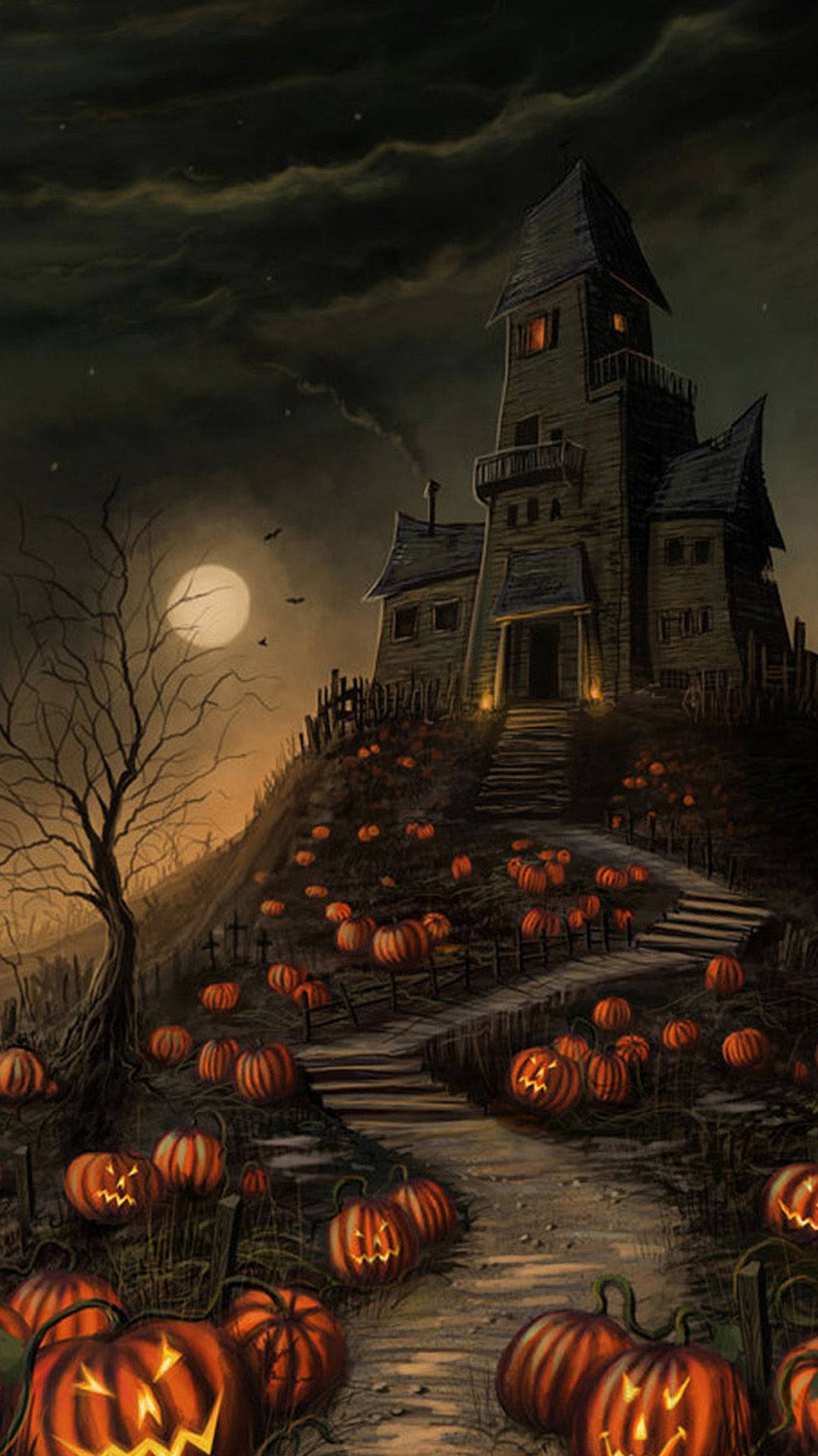 haunted house, full moon, glowing jack-o'-lanterns, Full HD Phone Wallpaper