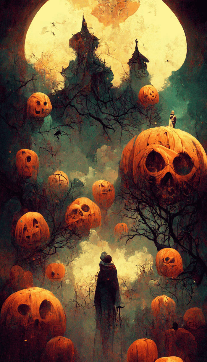 Halloween Phone, giant glowing jack-o-lanterns, misty forest, SD Phone Wallpaper
