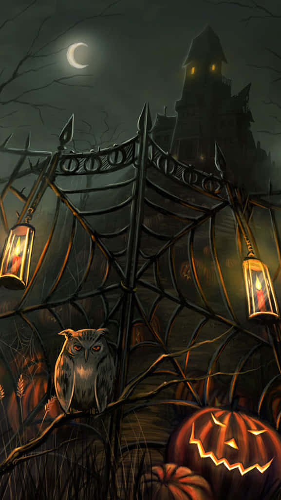 jack-o'-lantern owl, wrought iron gate, crescent moon, SD Phone Wallpaper