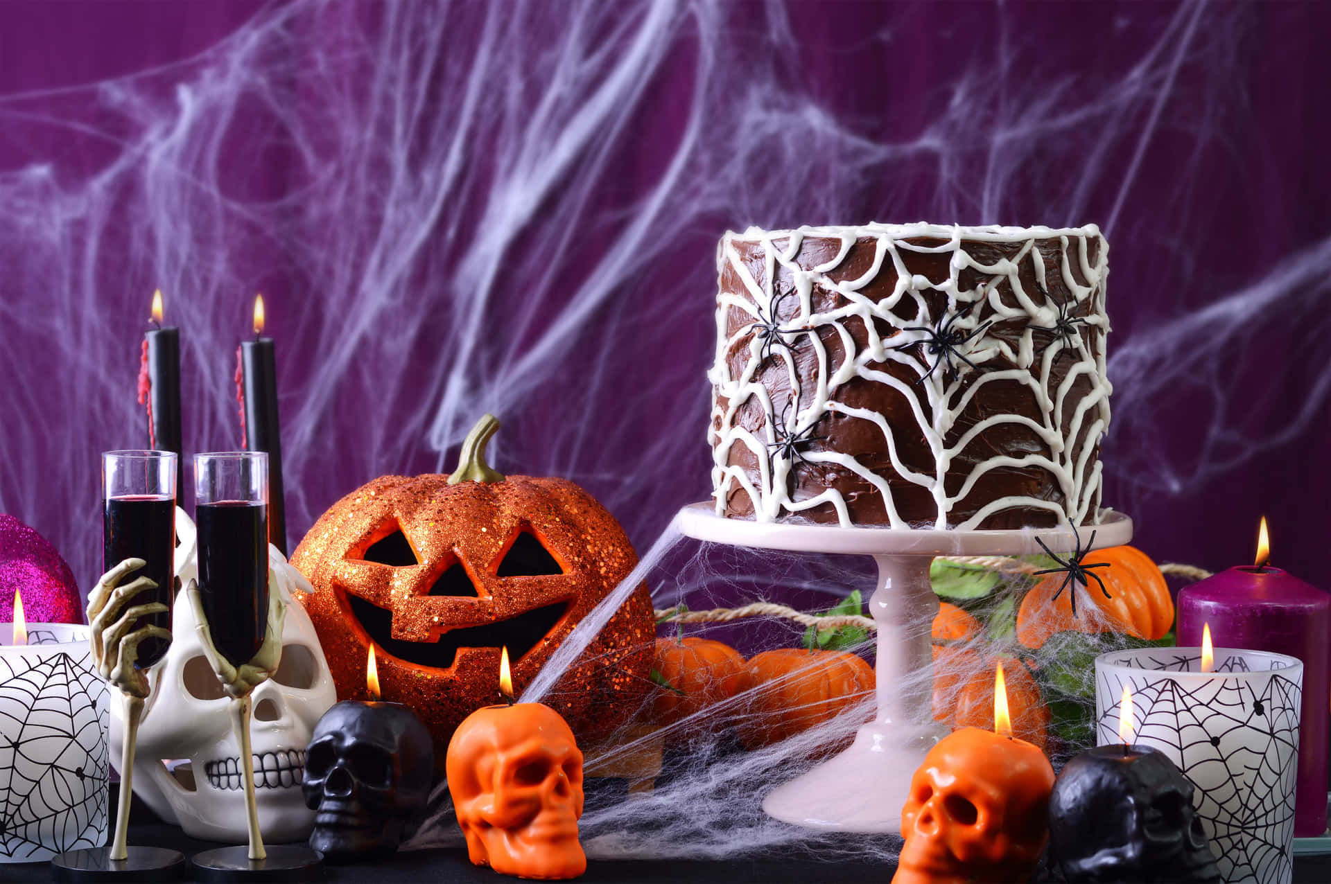 Halloween Props, spiderweb cake, glowing pumpkins, Full HD Desktop Wallpaper
