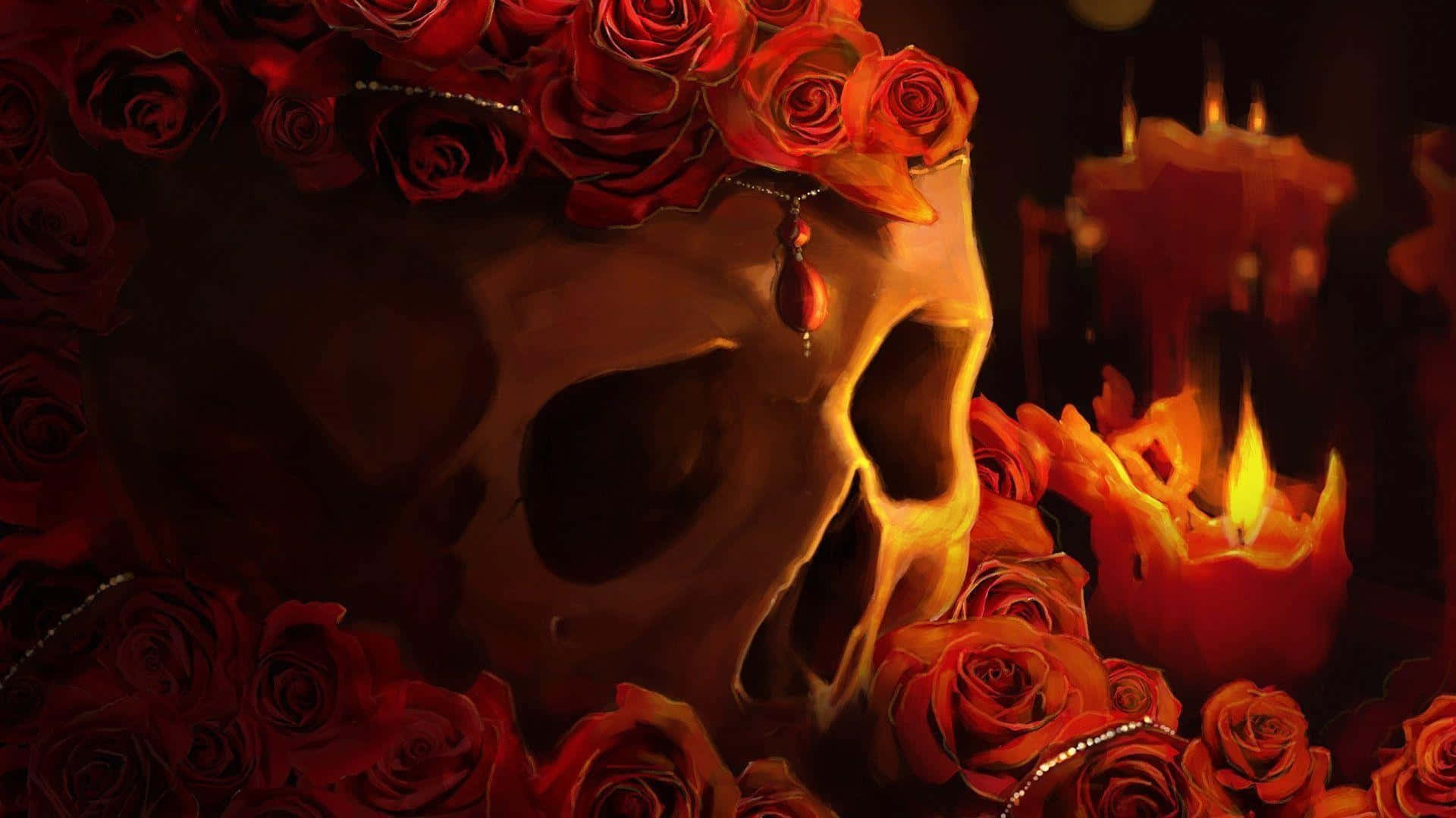 Halloween Props, human skull, red roses, Full HD Desktop Wallpaper