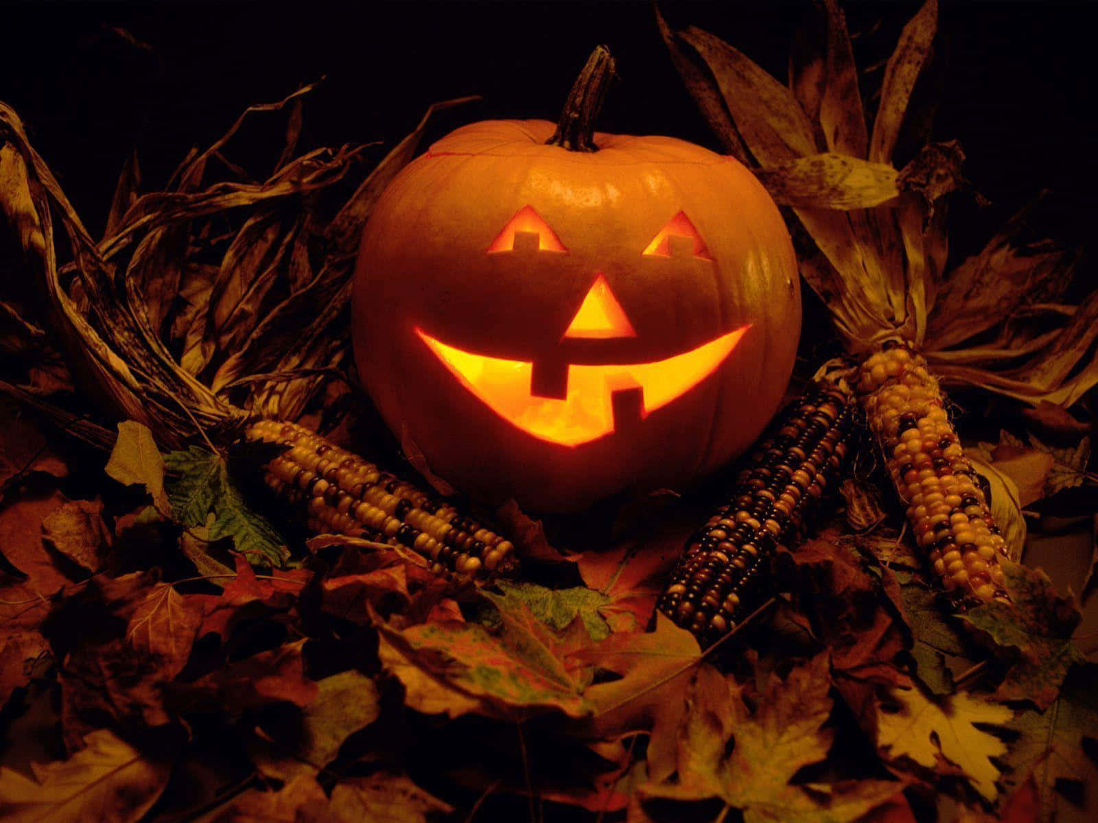 Halloween Props, jack-o'-lantern, autumn leaves, HD Desktop Wallpaper