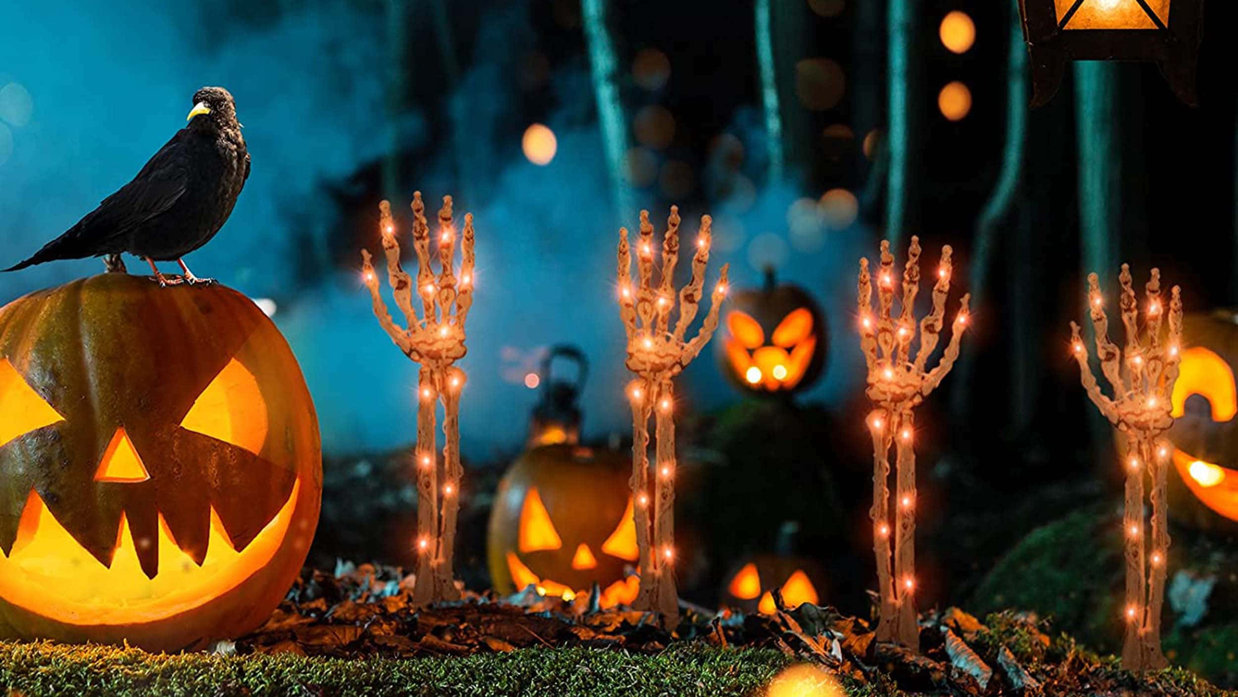 jack-o'-lantern, crow, skeletal hand candles, Full HD Desktop Wallpaper