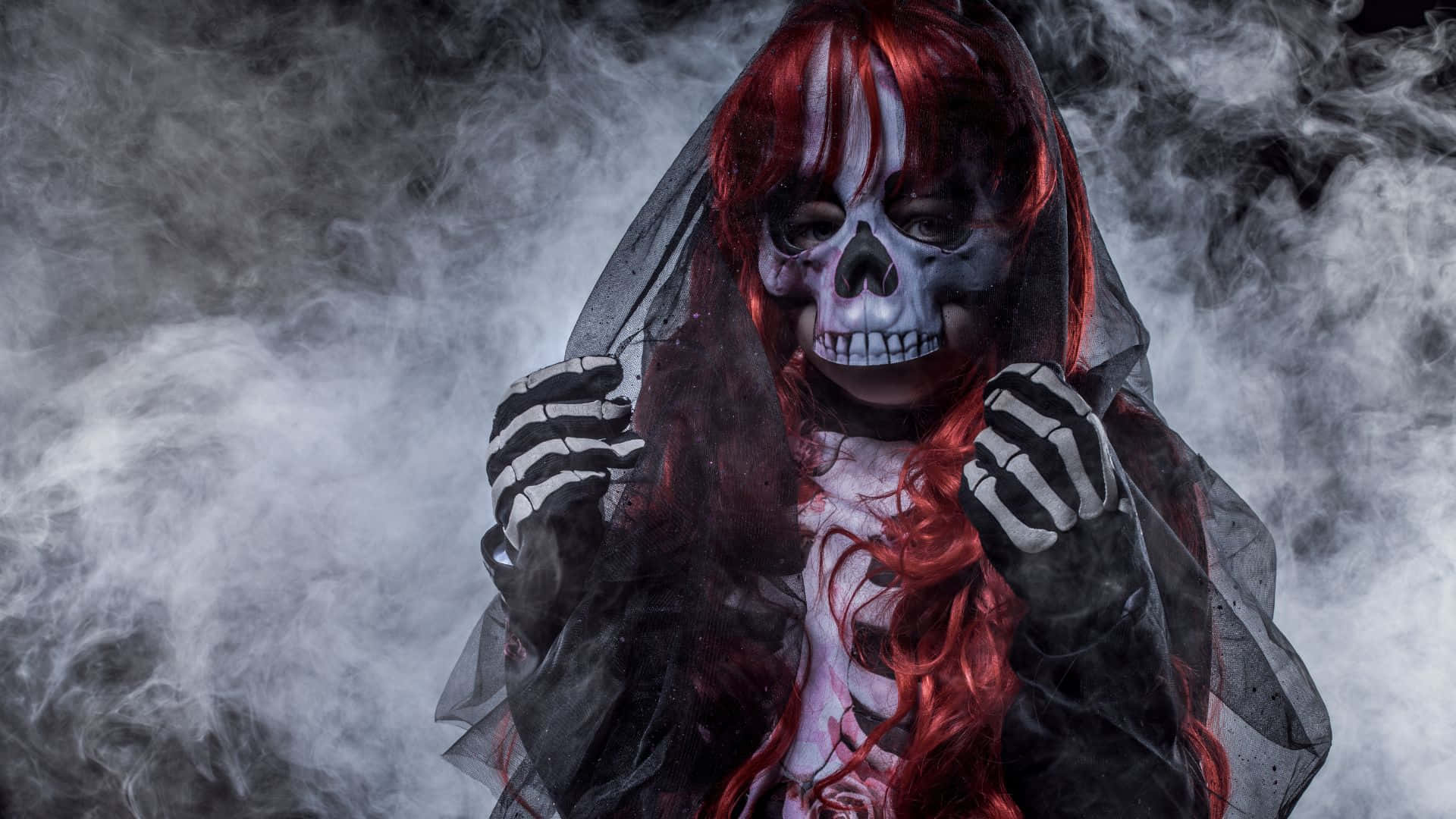 skeleton costumes, skull face, red hair, Full HD Desktop Wallpaper
