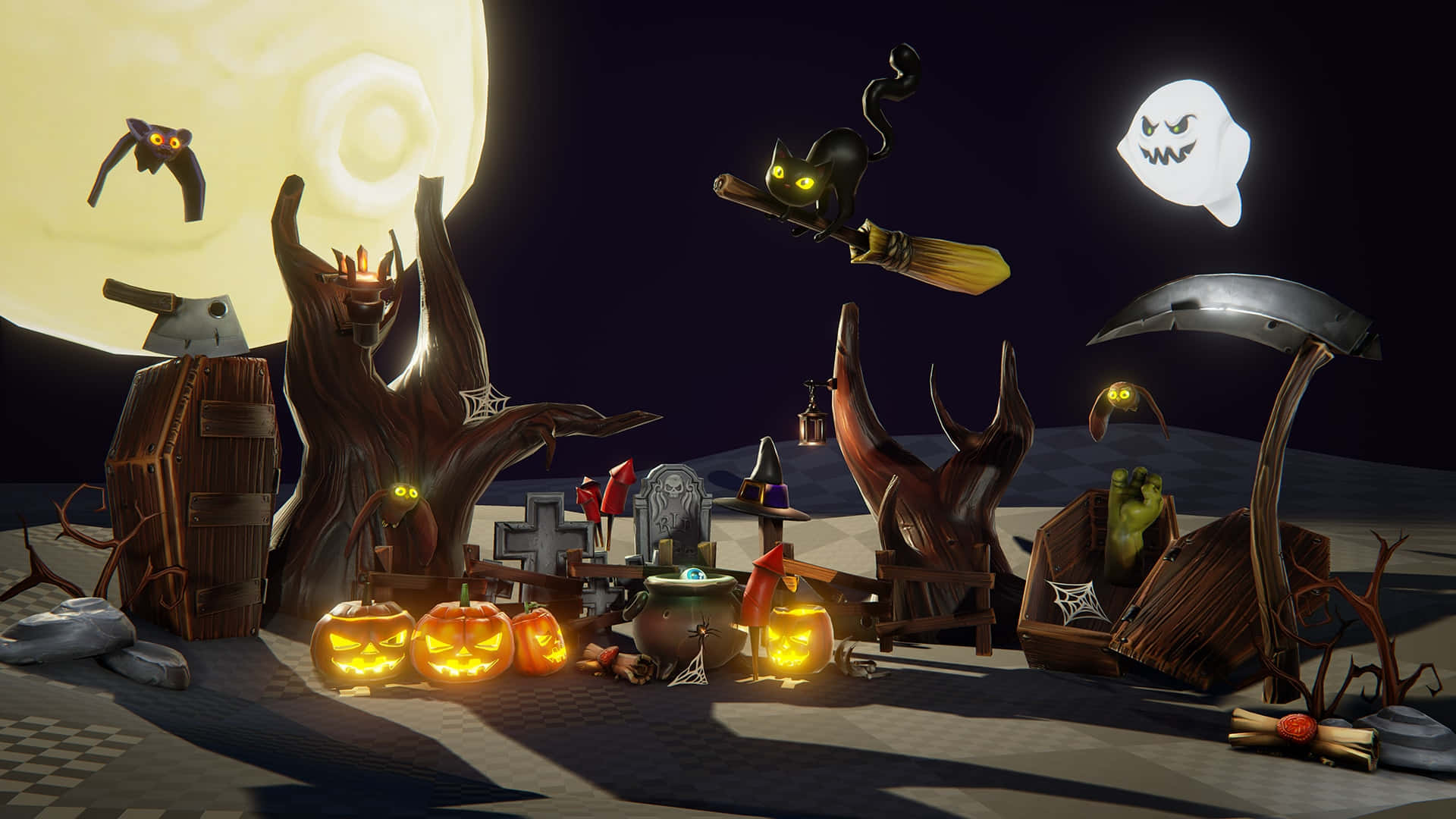 Halloween Props, jack-o'-lanterns, flying black cat, Full HD Desktop Wallpaper